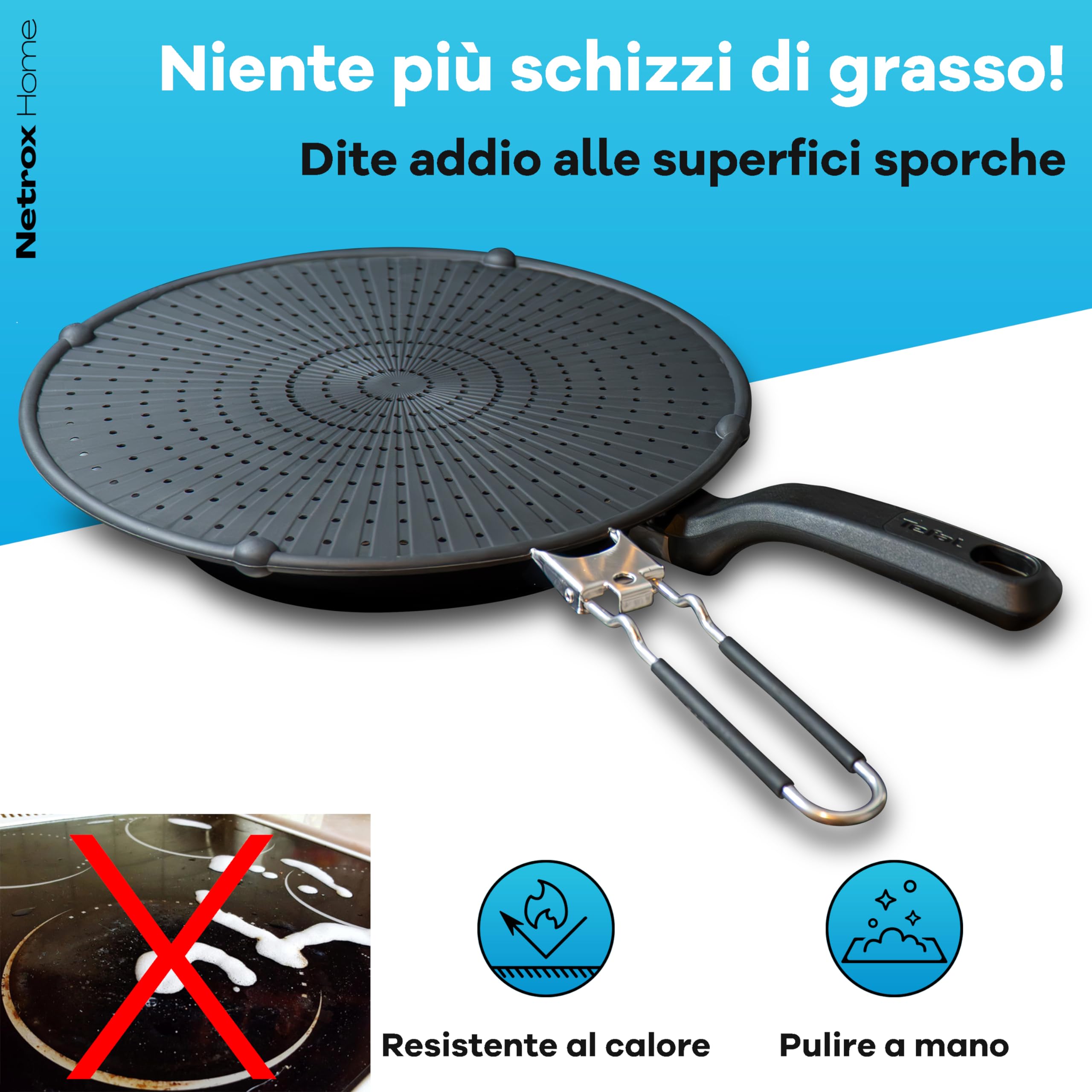 Netrox - Paraschizzi Cucina in Silicone per Padella - Resistente al Calore, Lavabile, Sicuro per Alimenti - Coperchio Universale per Frittura Fino a 30 cm - Paraspruzzi Pieghevole Universali Pentola
