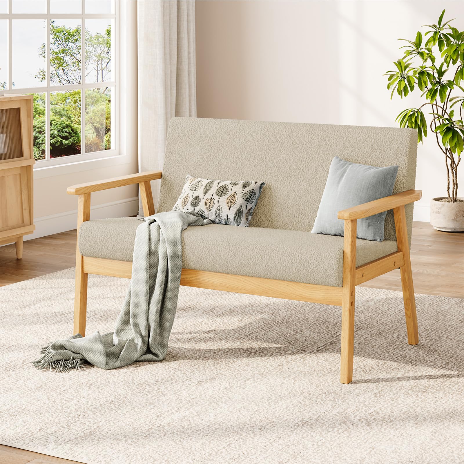 Dripex Divano a 2 posti, piccolo divano con cornice in legno, divano lounge da 2 pezzi, moderno e scandinavo, divano doppio in velluto Teddy, per soggiorno, camera da letto, ufficio,Beige