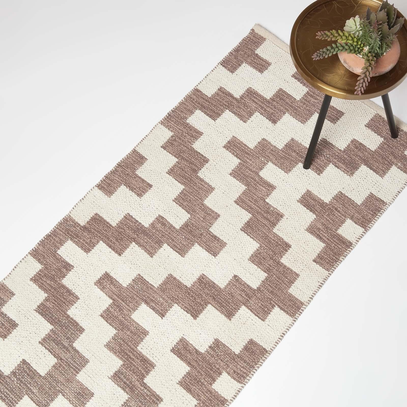 HOMESCAPES Tapis de Couloir Kilim en Coton, Tapis Marron et Beige Malina, Tapis de Salon Artisanal 66x200 cm