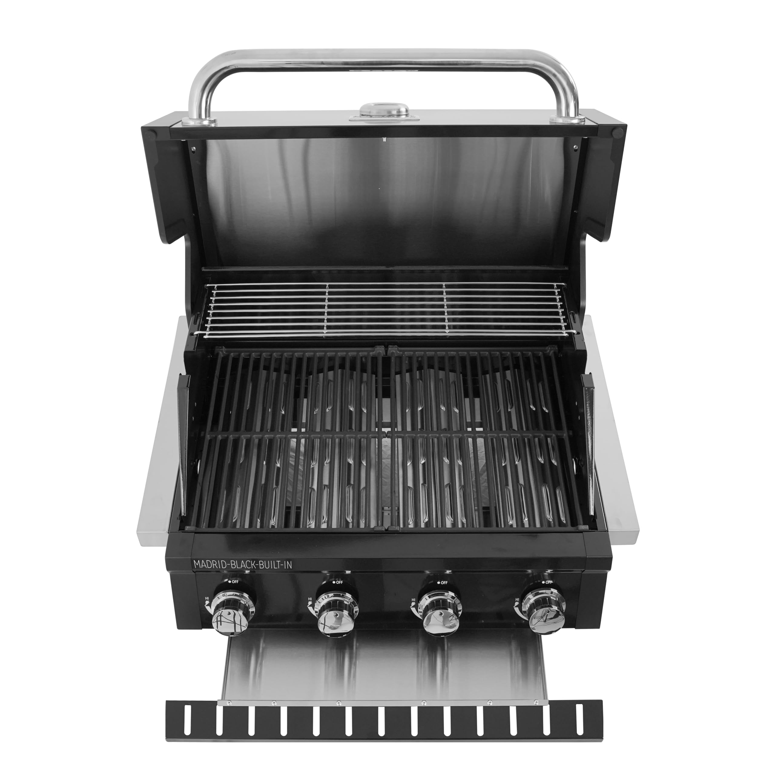 Barbecue da Incasso o Appoggio a Gas GPL 4 Fuochi 14 kW Grill in Acciaio Inox con Coperchio Griglie in Ghisa BBQ Built-in Professionale per Cucina Outdoor (Nero)