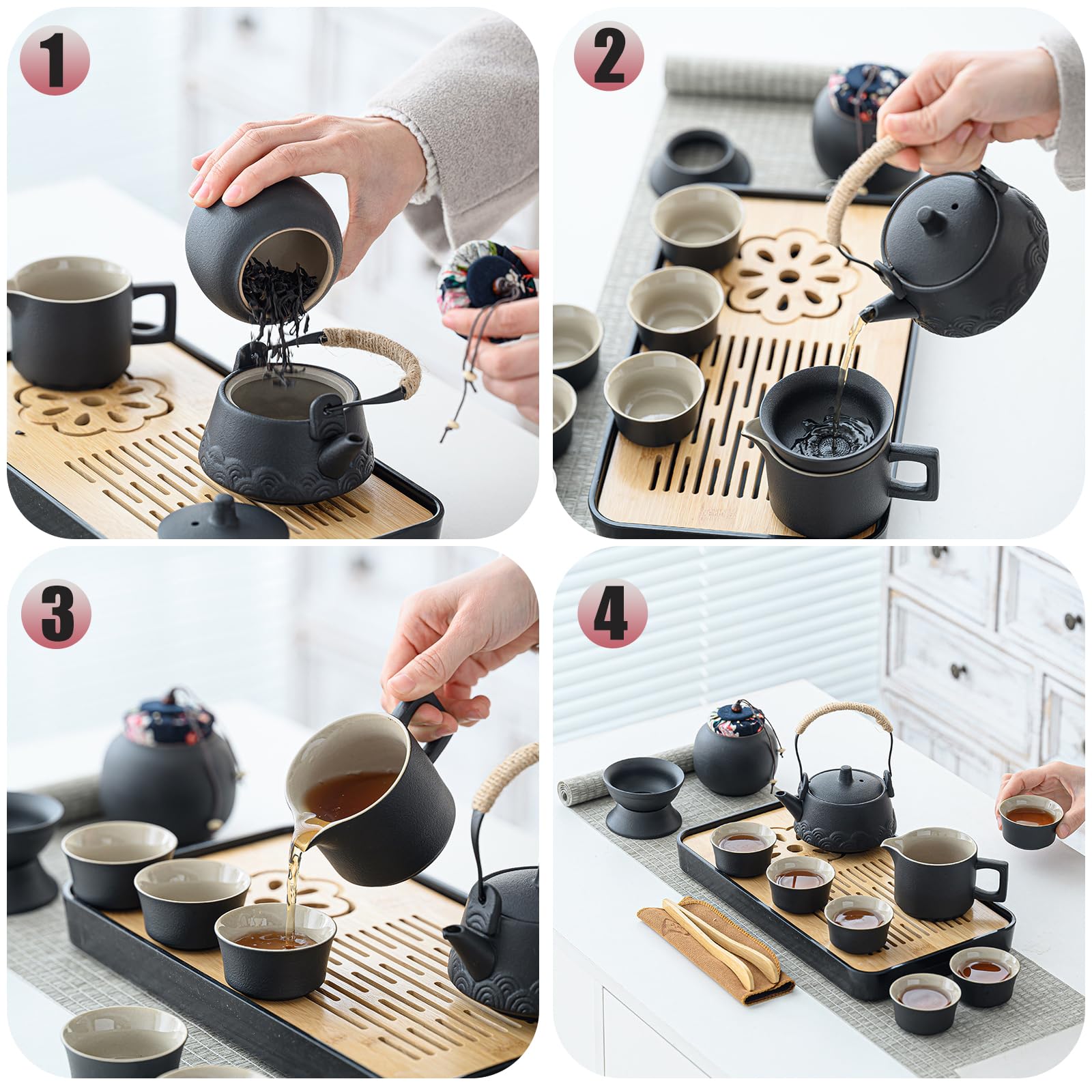 Japanisches Teeservice Chinesisches Teeset 14-tlg Teekanne mit 6 Tassen Keramik Teeservice für Zuhause Büro Reisen Geschenk Schwarz