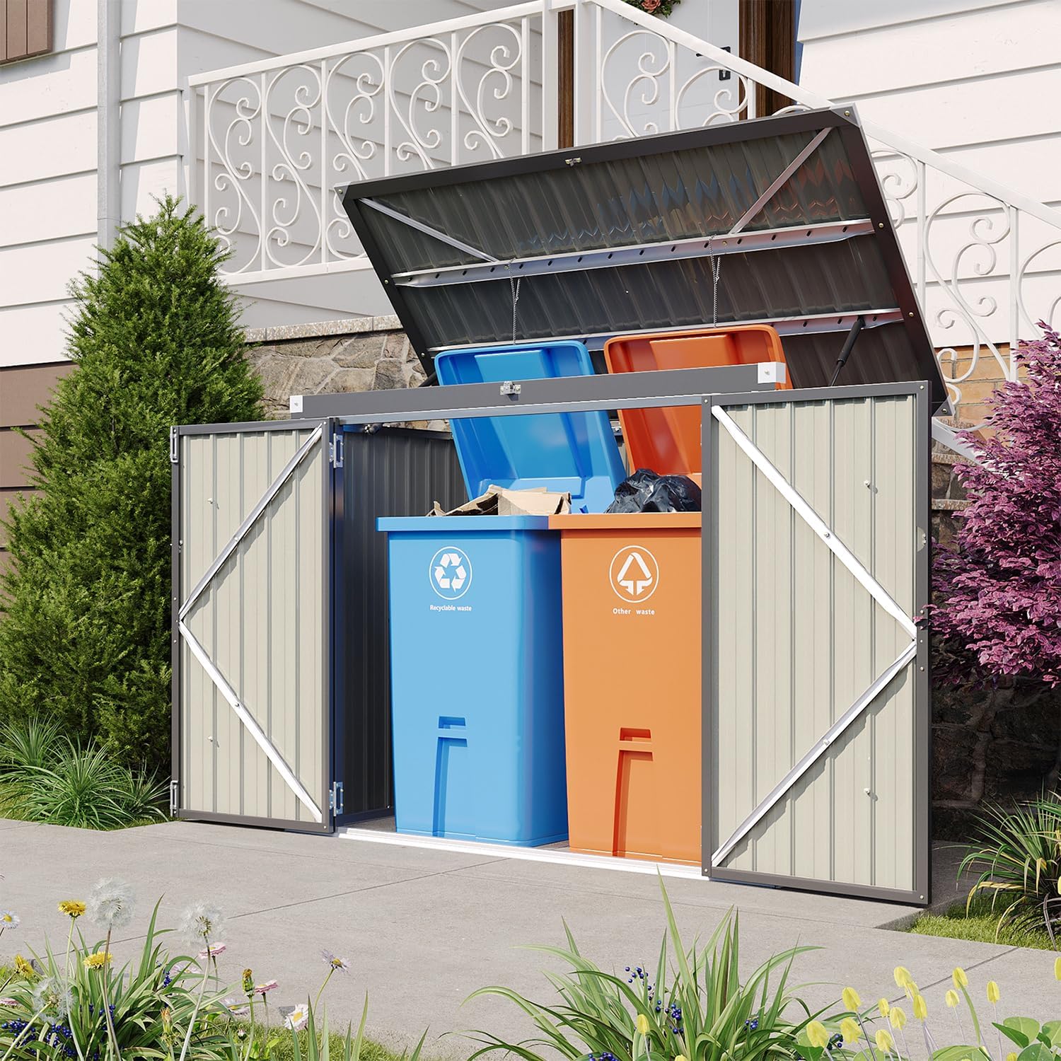 Aoxun 5.6x3ft Metal Garden Shed, Storage Shed with Chain Lid, Waterproof Openable Front & Top Doors