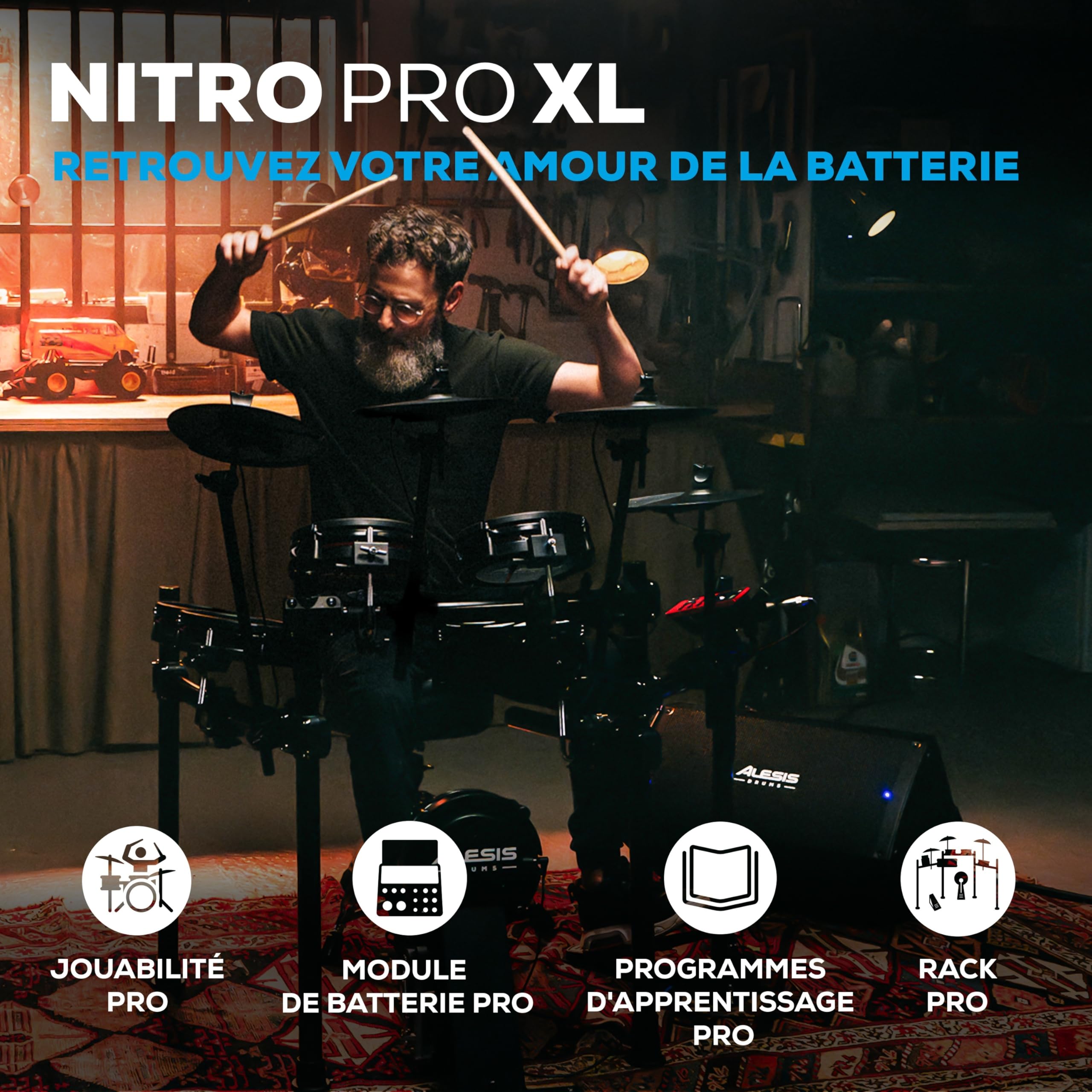 Alesis Nitro Pro XL Batterie Électronique de 10 Pièces avec Pads Double Zone Silencieux, Plus de 500 Sons BFD, Bluetooth, Drumeo, MIDI USB