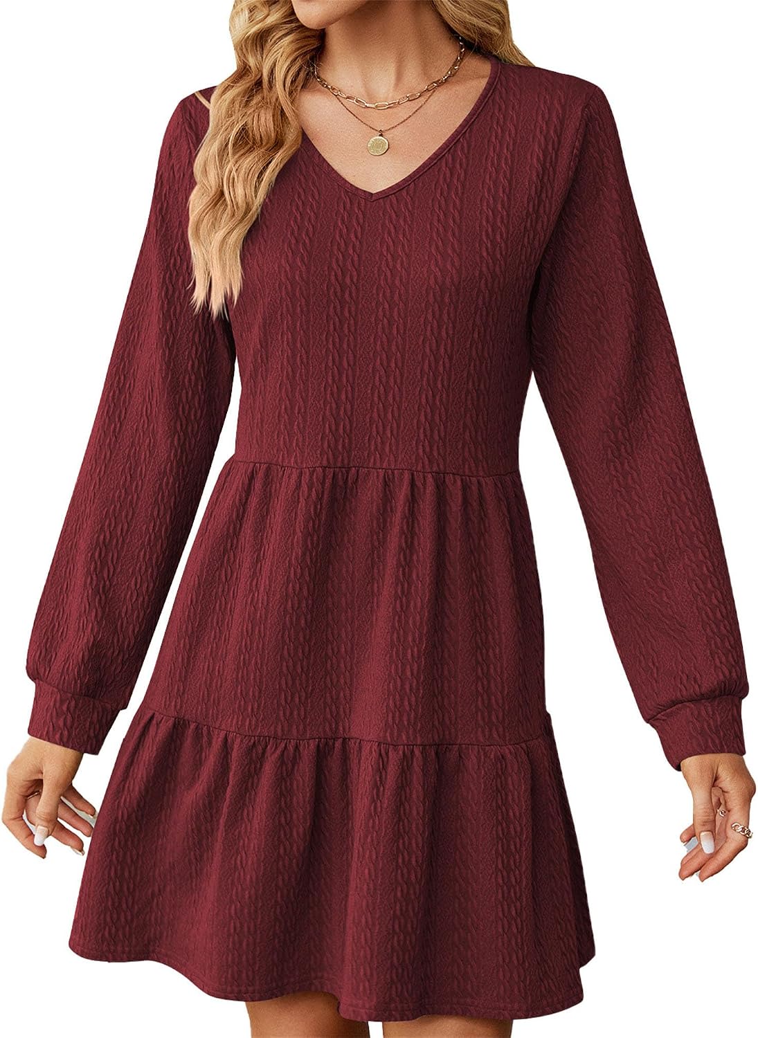 Women's Empire Waist Dresses Long Sleeve V Neck Swing Pleated Tunic Dress Casual Dresses Semi Formal Party Dress