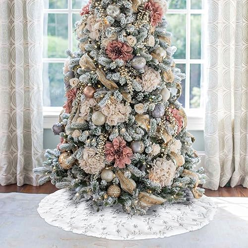Miniatura 6 de Falda de árbol de Navidad de piel sintética, 48 pulgadas, falda de árbol de piel sintética blanca nevada con lentejuelas plateadas, copos de nieve
