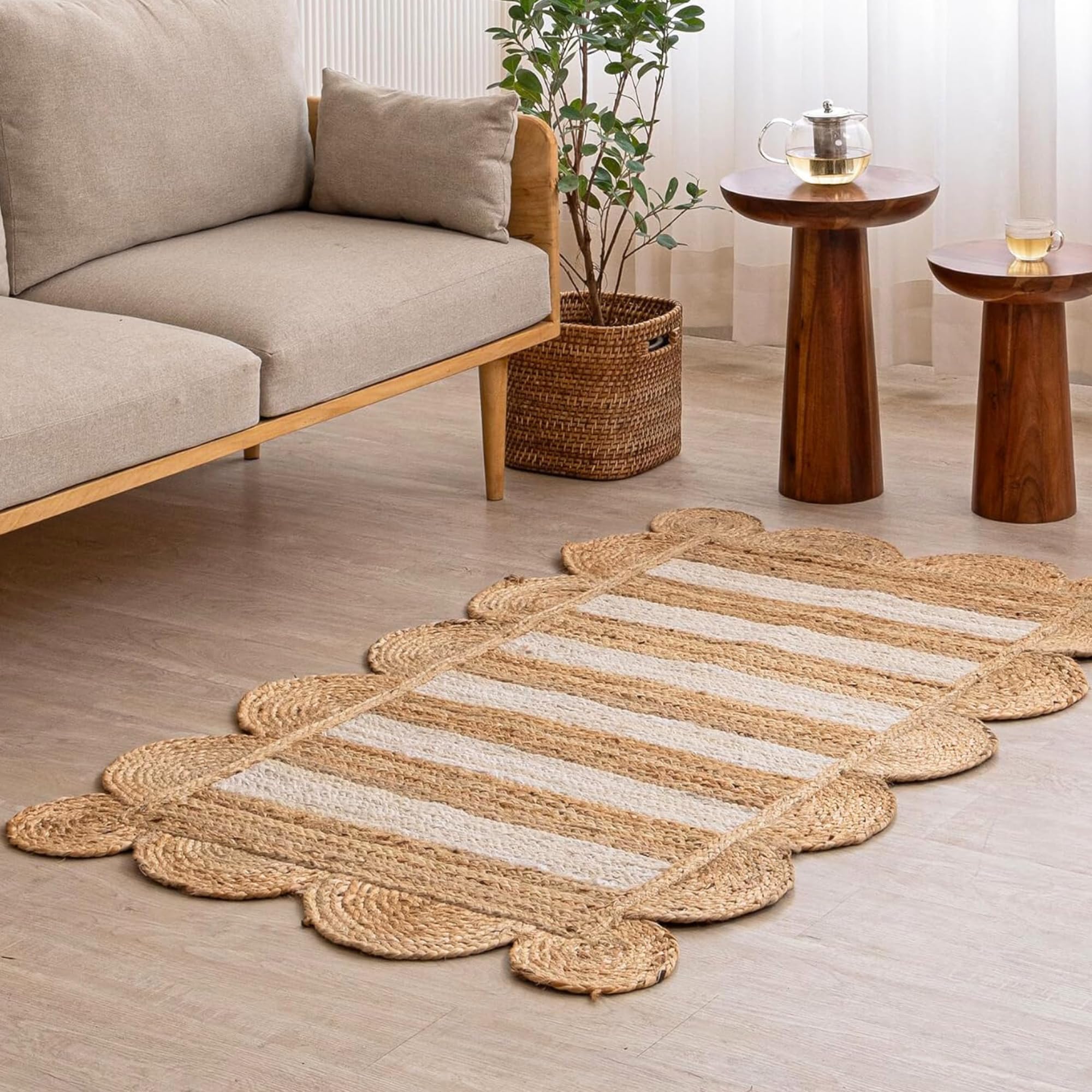 HOMEMONDE Scallop Jute Rug - 3'x5' Natural Fiber Boho Farmhouse Style Décor - Handmade Rustic Vintage Braided Area Rug for Bedroom, Living Room, Dining Area, Kitchen