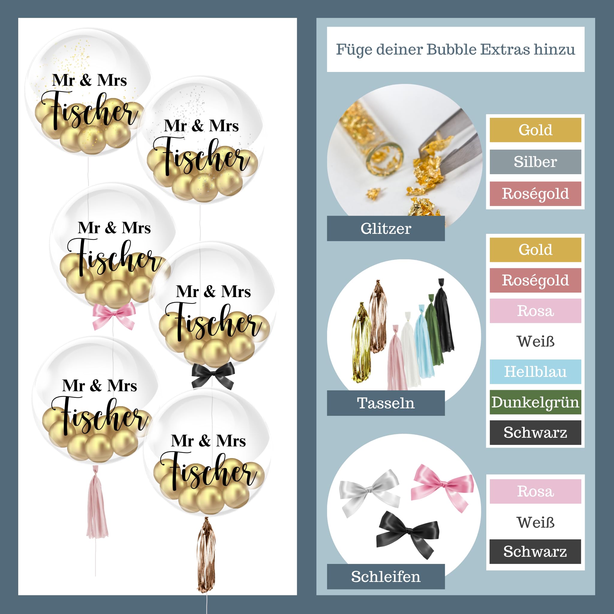 Mr & Mrs - Bubble Fabrik - Personalisiertes Ballongeschenk: Durchsichtiger Heliumballon mit Bunten Ballons, Geschenk zur Hochzeit, Hochzeitsmitbringsel
