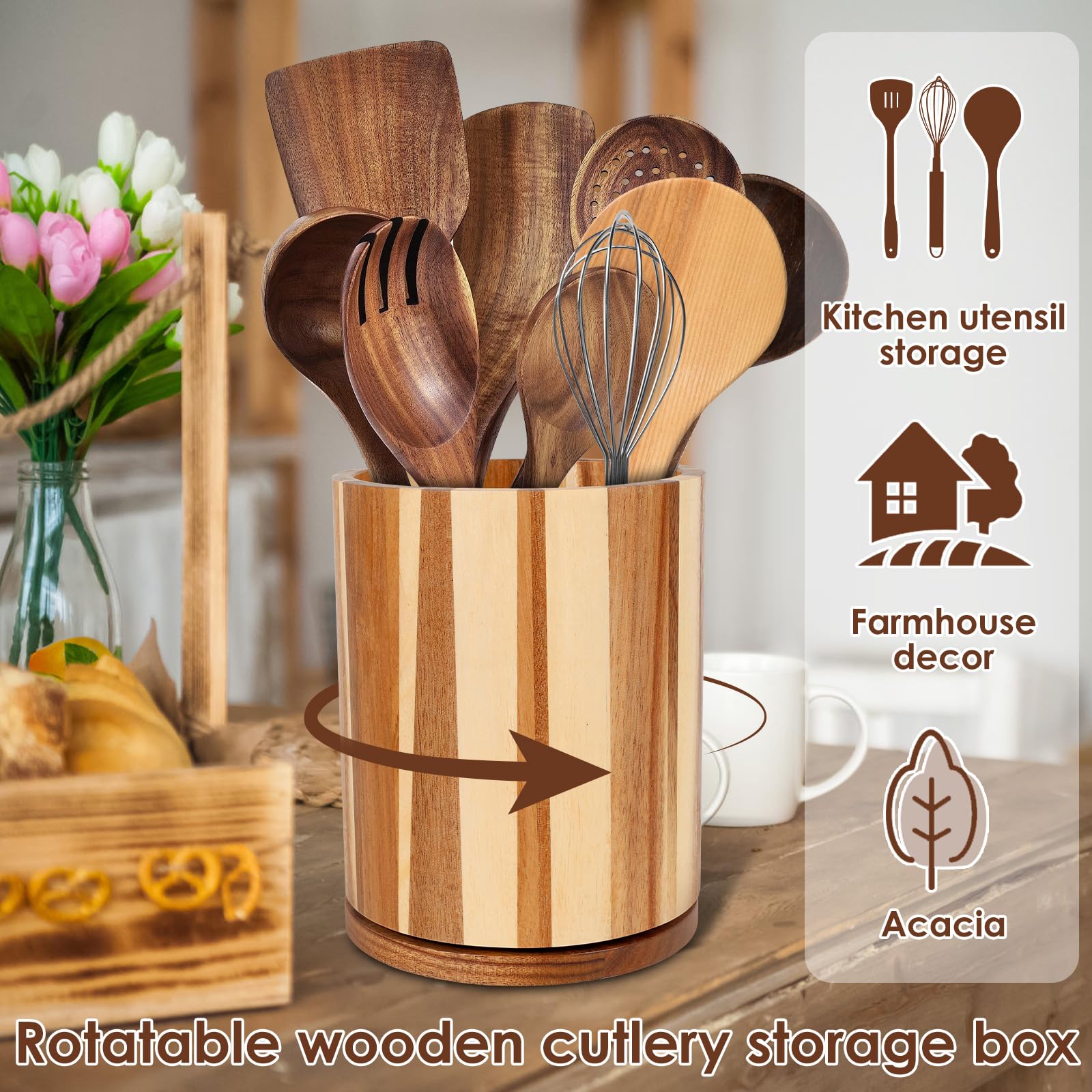 Soporte de madera giratorio de 360° para utensilios de cocina, resistente al agua, multiusos, para encimera, capacidad para 10-15 herramientas de cocina, ideal para decorar tu cocina
