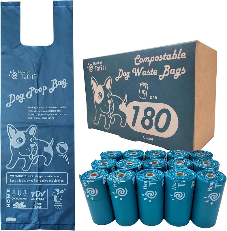 Bolsas para Fezes de Cães com Alças Heart of Tafiti Compostáveis e Extragrandes, 180 Unidades