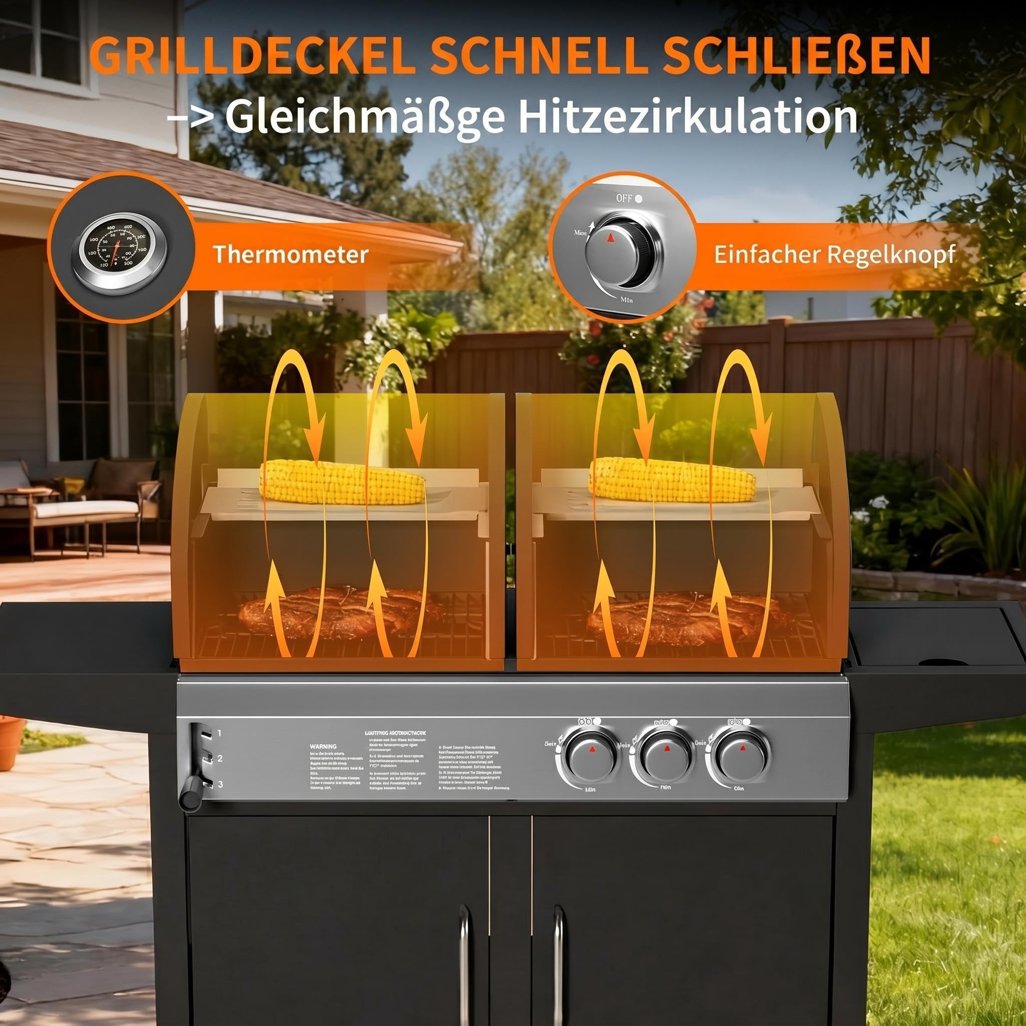 2-in-1 Gasgrill und Holzkohlegrill Kombination, 3 Brenner mit 24.000 BTU, Edelstahl-Grillwagen mit Unterschrank und Rädern, Dual Fuel BBQ-Station für Garten und Terrasse