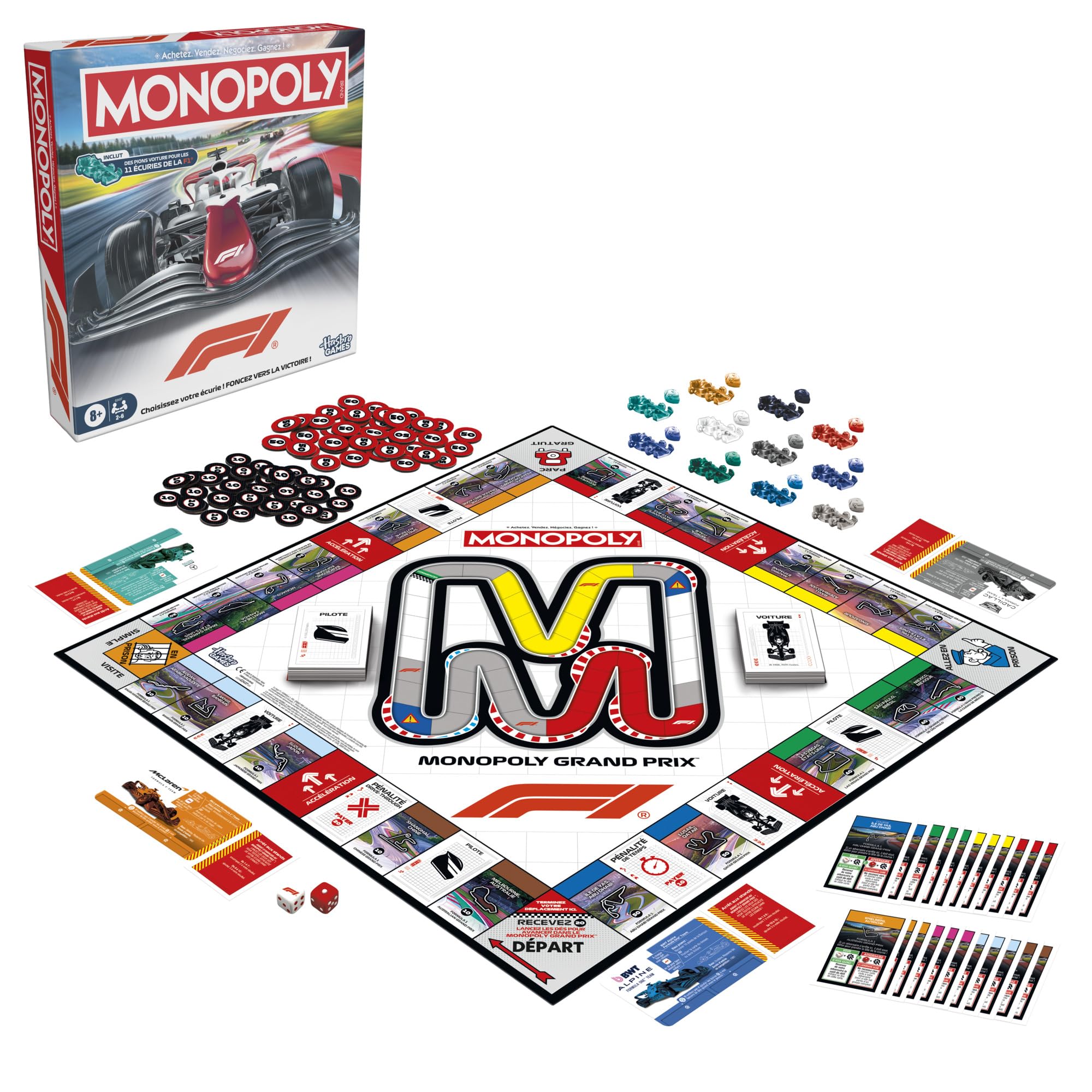 Monopoly F1, gra planszowa | Oficjalnie licencjonowana gra Formula 1 | Gra rodzinna dla dzieci, nastolatków i dorosłych | 2-6 graczy | 45 min. | od 8 lat
