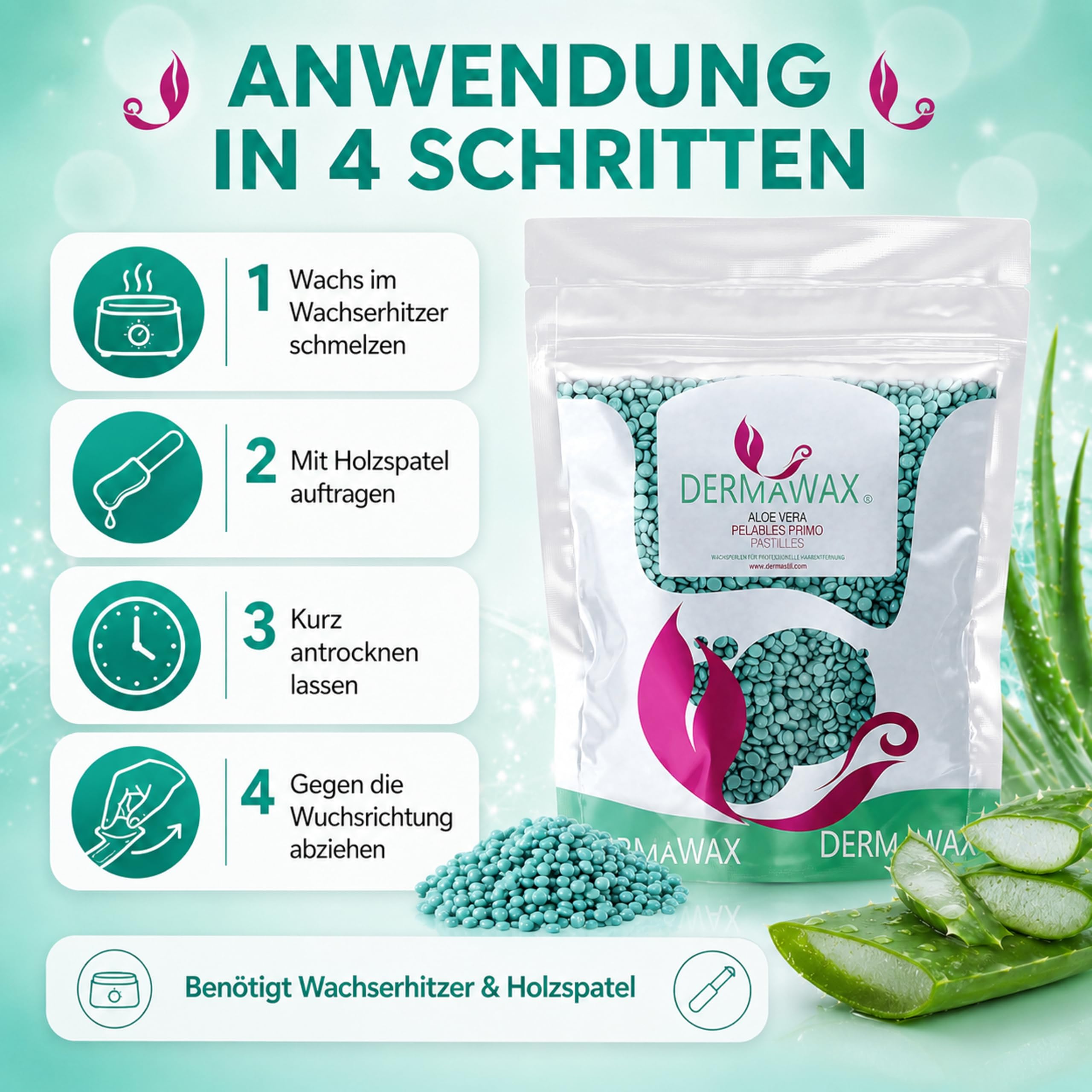 Dermawax 1 kg Wachsperlen Aloe Vera Heißwachs – Haarentfernung ohne Streifen für sensible Haut, Gesicht, Beine, Achseln & Bikinizone – Stripless Filmwachs, Made in Italy