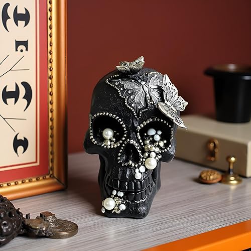 Miniatura 3 de Estatua de calavera para decoración del hogar, flores con esculturas de resina de cabeza de calavera, regalos espeluznantes para mujeres,
