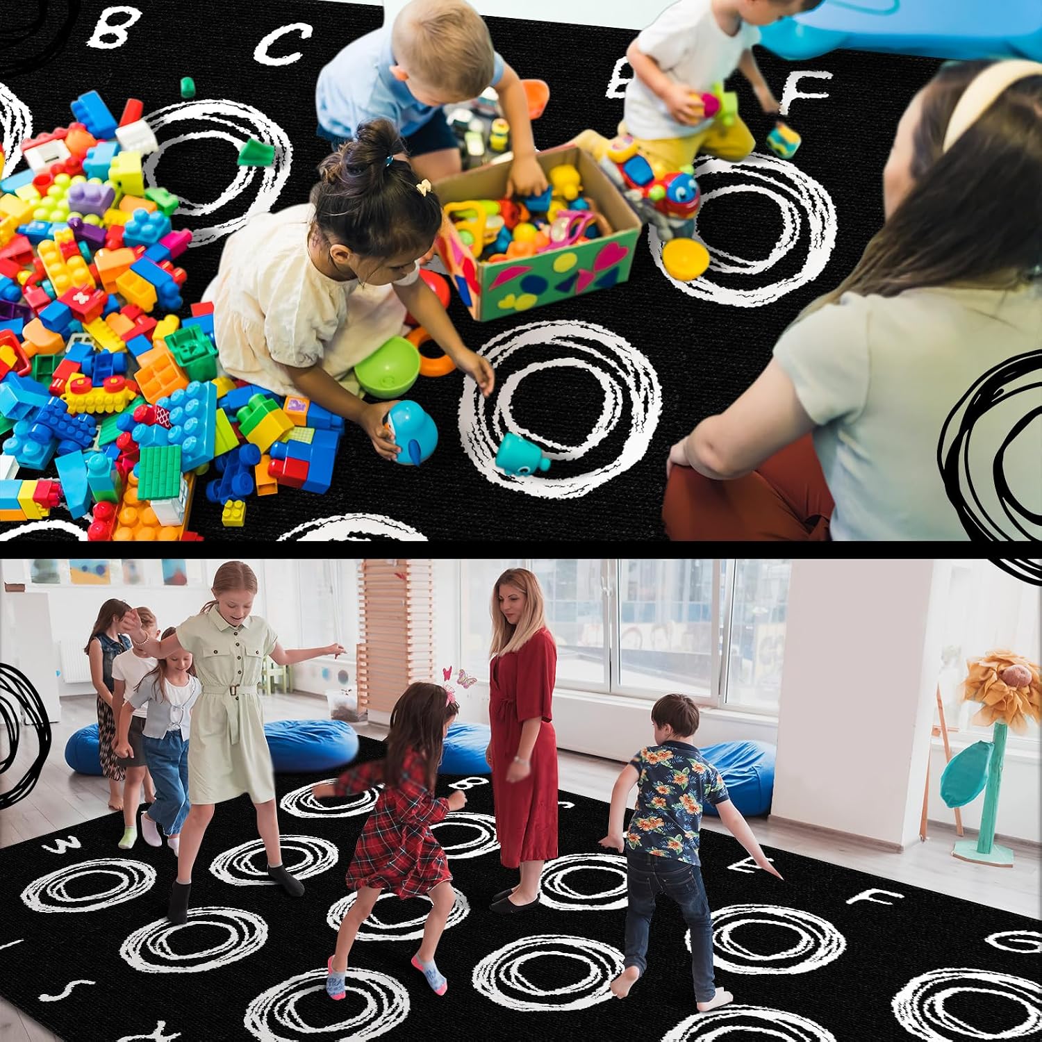 Teenyyou 6.5 x 11 ft Large Classroom Rug Circle Abstract Educational Area Rug Kids Room Children Classroom Carpet Playroom Learning Black Square School Decor Seating Carpet