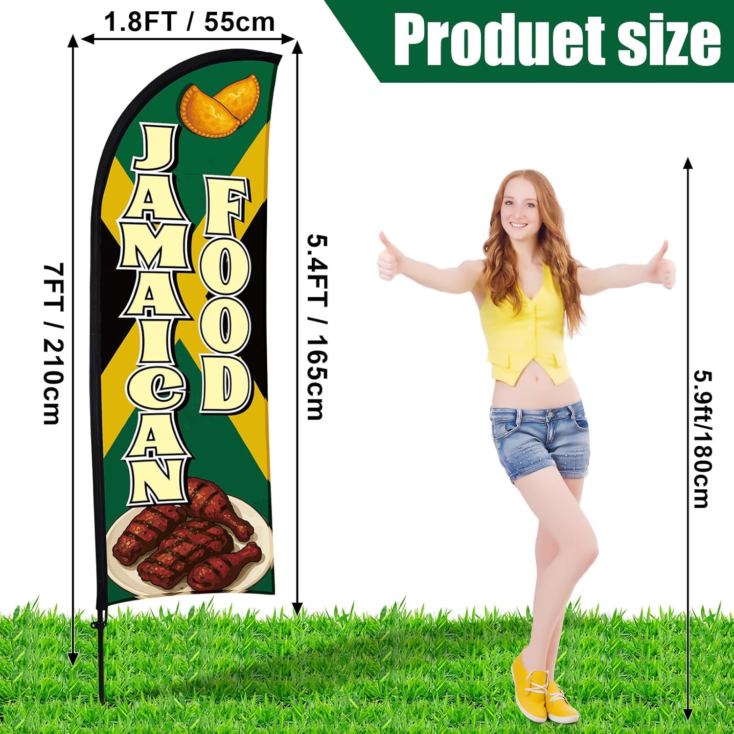 Buryeah 2 Sets Jamaican Food Feather Flag Kit, 7 ft Jamaican Food Swooper Flag Banner Signs with Pole Ground Stake and Portable Bag for Snack Bar Store Business Advertising Outside