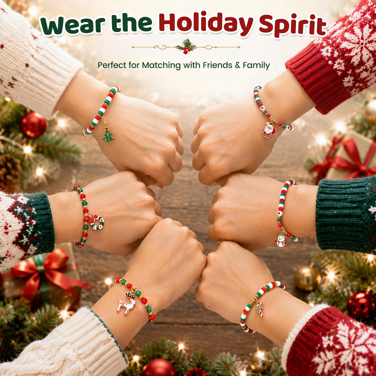 LovesTown 6PCS Christmas Bracelets with Wish Cards, Beaded Charm Gift Set