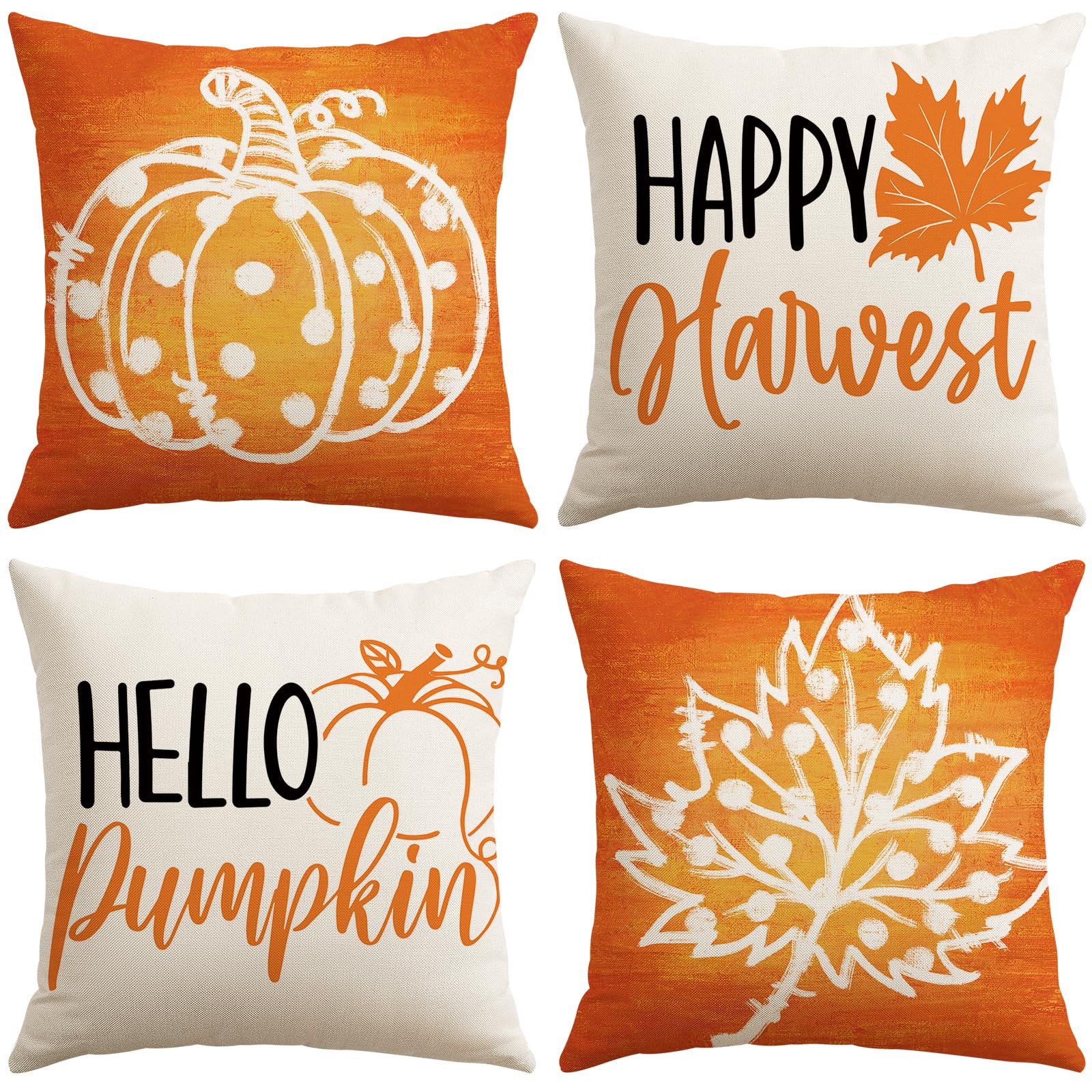 Artscope Fall Cushion Covers 40x40cm, Set of 4 Autumn Pillowcases Thanksgiving Pillow Covers for Sofa Living Room Holiday Party Fall Decor Pumpkin and Maple Leaves - Orange