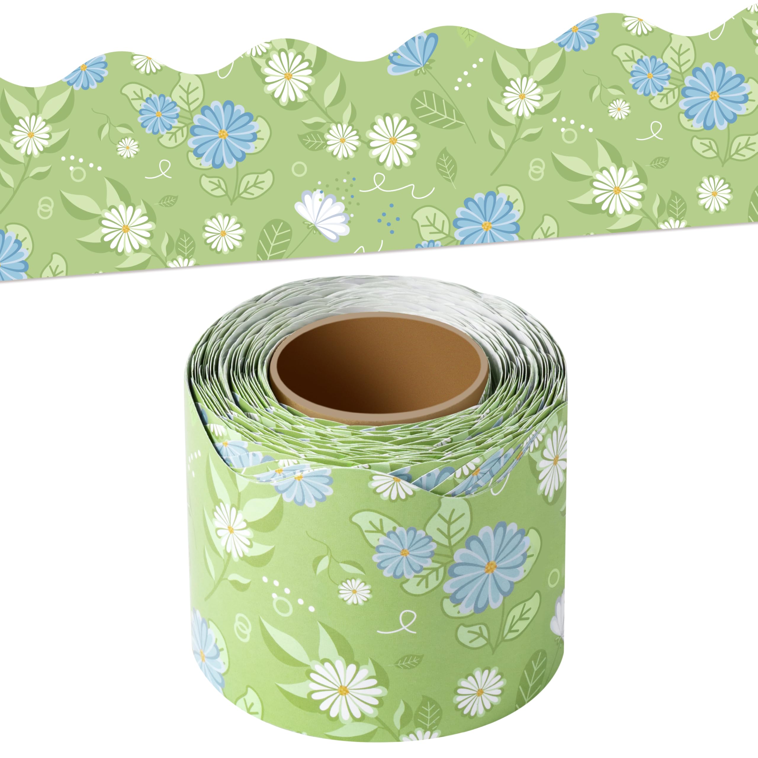 BeYumi Green Wildflowers Border Trim - 65ft Back to School Border Classroom | Green Wildflower Scalloped Rolled Border Trim Summer Floral Daisy Flower Bulletin Board Garden Office Chalkboard Party Decor