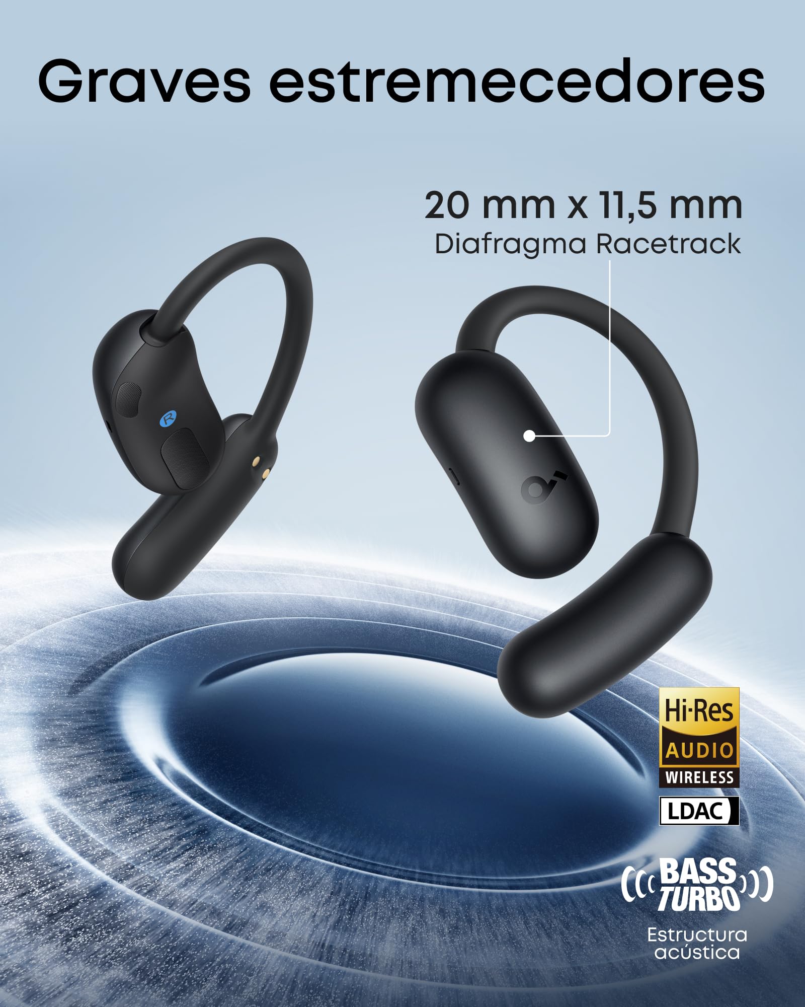 Soundcore AeroFit 2 de Anker, Auriculares Open-Ear, Ganchos de Oreja Ajustables, Ajuste, Graves Intensos, Audio Inalámbrico Hi-Res, Reproducción 42 H, Bluetooth 5.4, Carga Inalámbrica, IP55, Negro