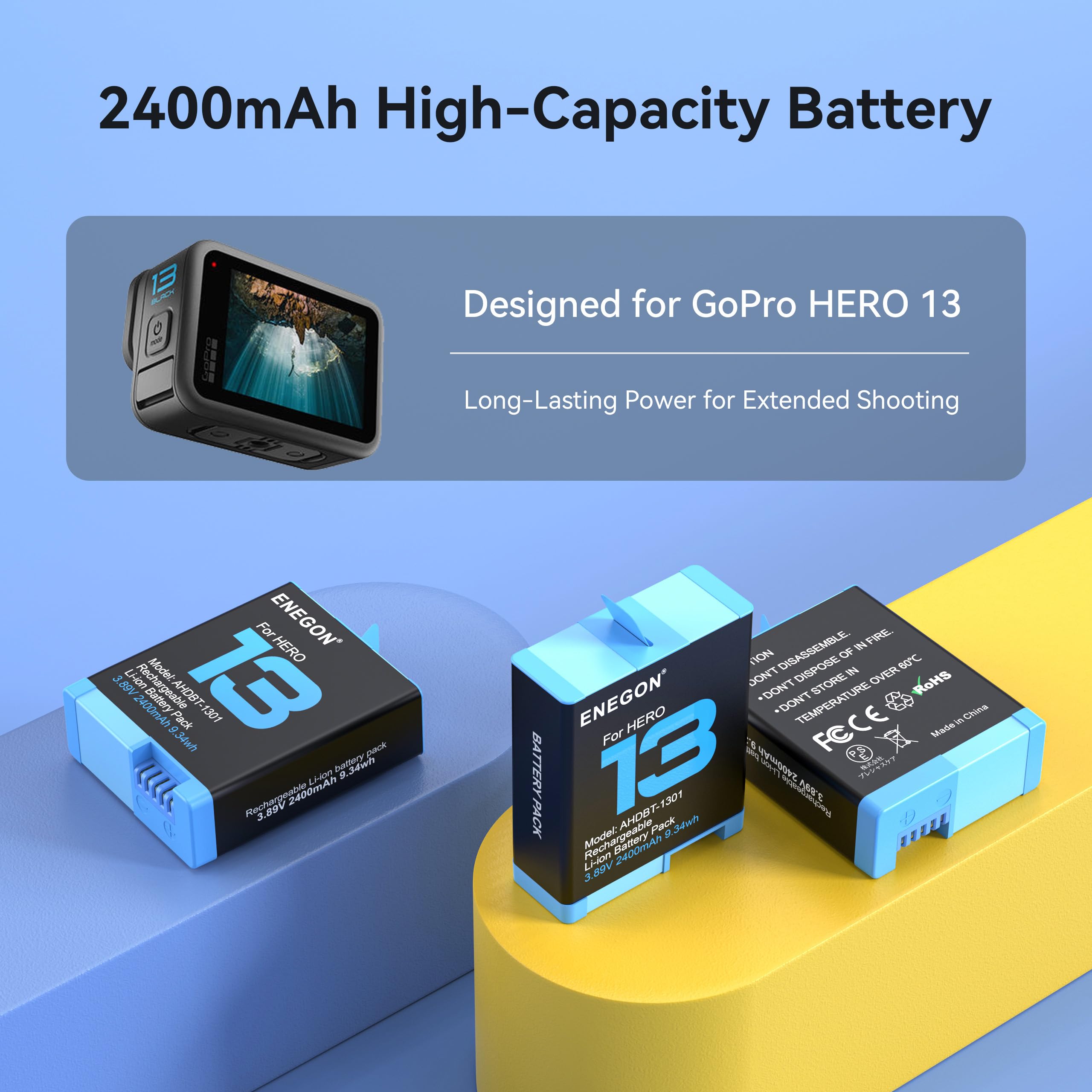 ENEGON Hero 13 Batterie 2400 mAh et LED 3 canaux USB Chargeur de mémoire pour GoPro Hero 13 Noir