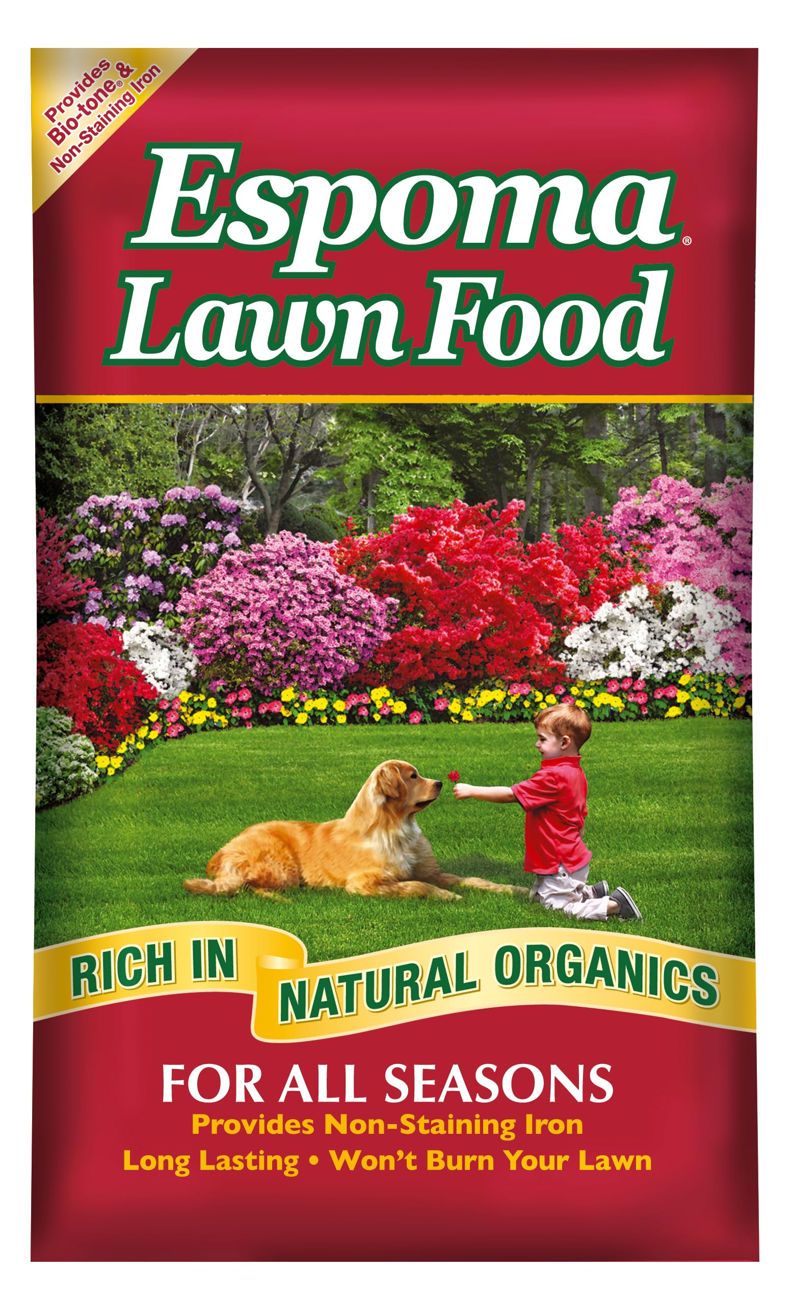 Lawn Food for All Seasons;15-0-5 Analysis with Non-Staining Iron; Exclusive Bio-Tone Formula with Long Lasting Slow Release Nitrogen for a Greener Lawn. 40 lb. Bag Covers up to 12,000 Sq. Ft.