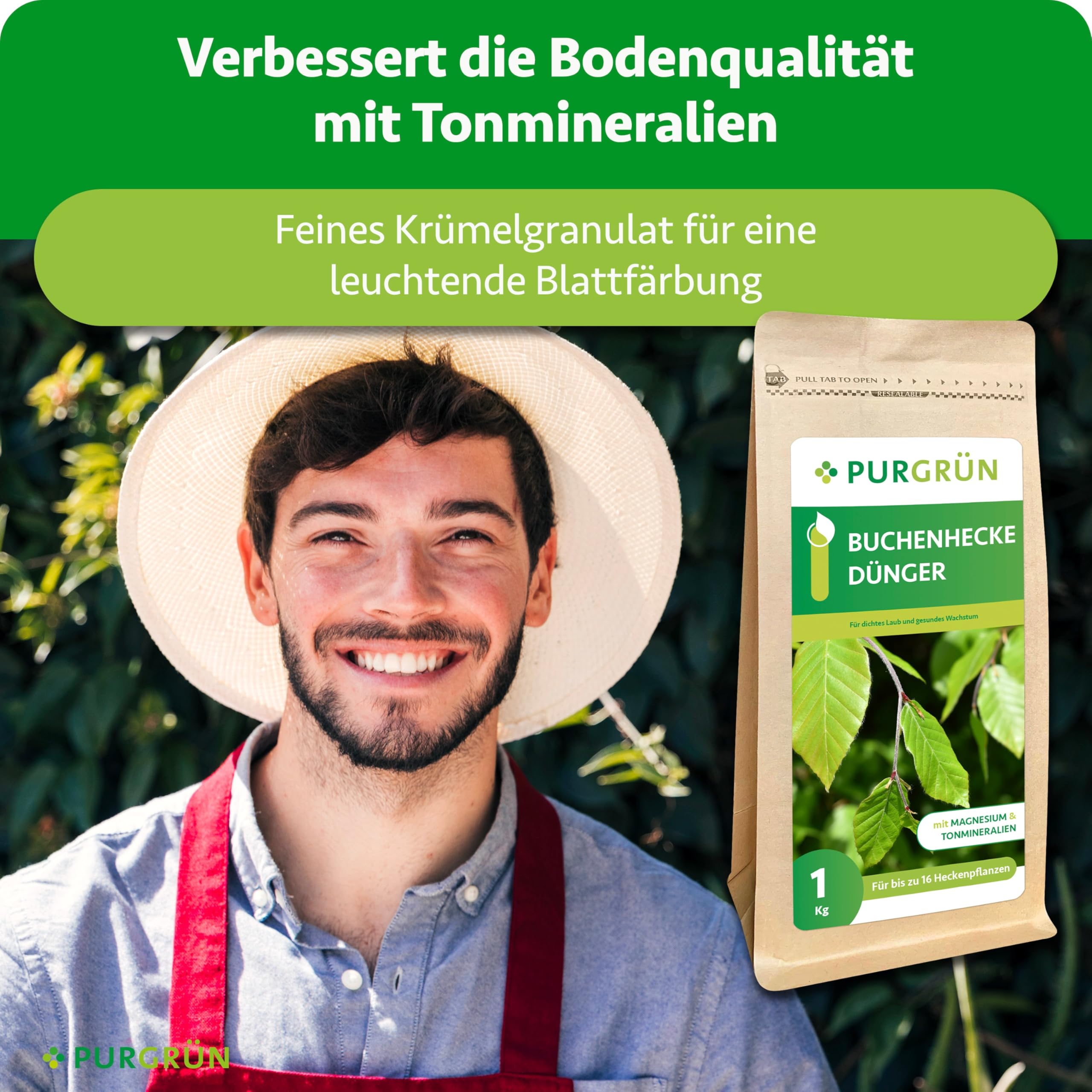 Buchenhecke-Dünger 1 kg – Organisch-mineralische Rezeptur – Feinkörniges Krümelgranulat – NPK 9+4+8 – Extra Magnesium für leuchtend grüne Blätter – Verbessert die Bodenqualität