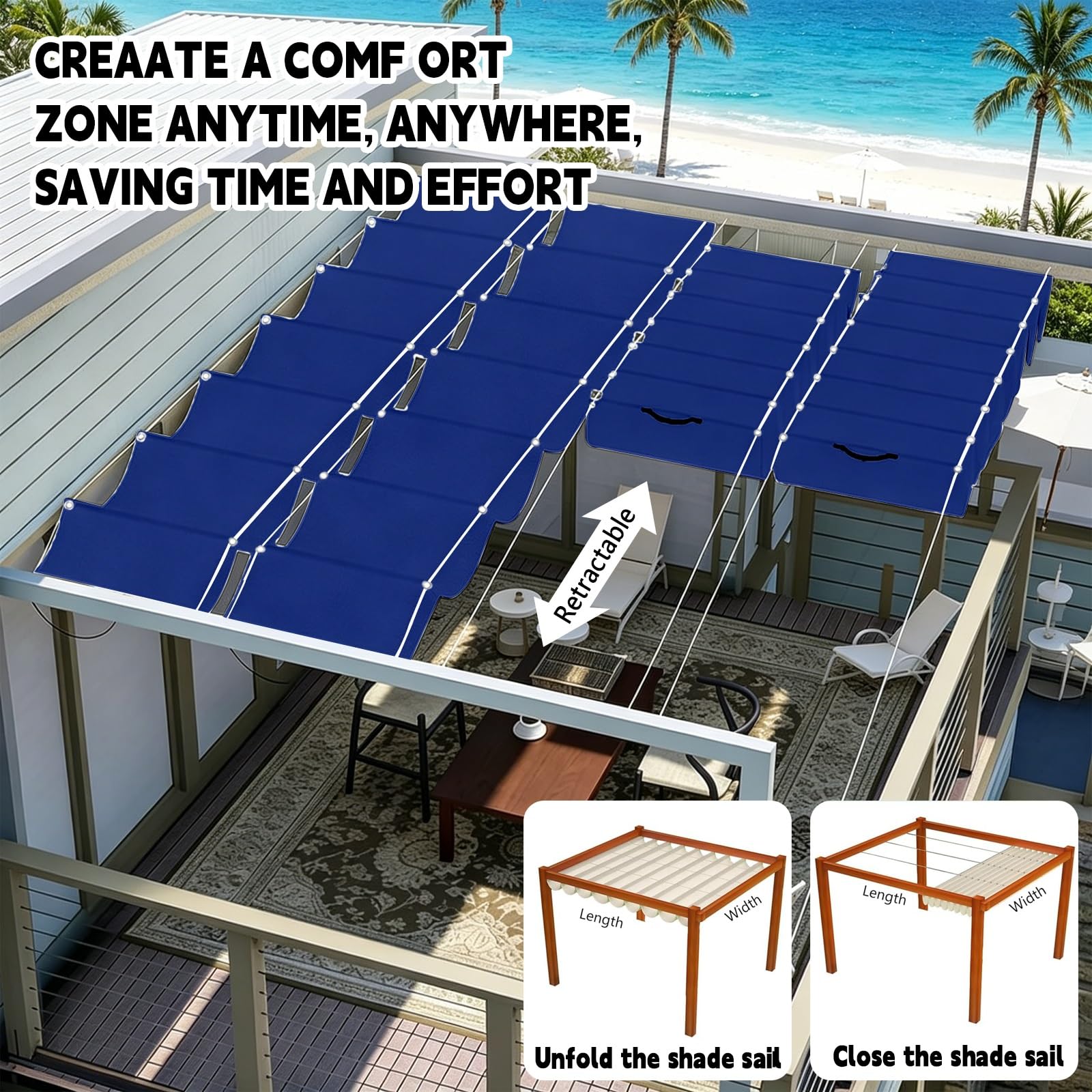 Toldo Retráctil de Onda 100 x 750 cm con Ojales y Cuerda, Vela Sombra Impermeable y Rectangular con Bloqueo UV y Resistencia a Desgarros para Jardín Porche Patio Barbacoa, Azul Oscuro