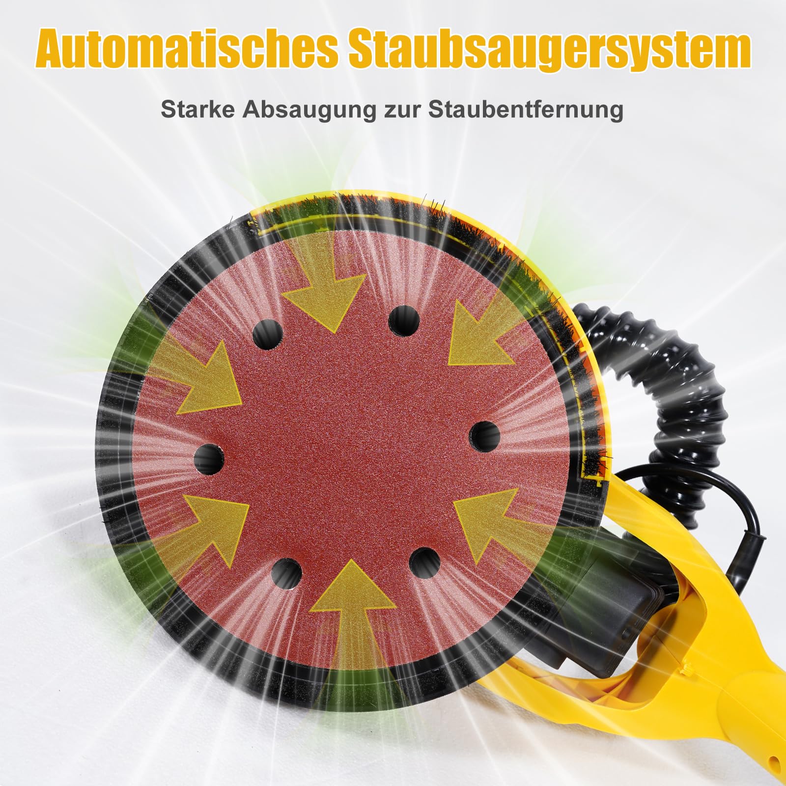 HYCHIKA Trockenbauschleifer, Wandschleifer, 750W Wand Schleifer mit Absaugung, Ausziehbarer Faltbarem Griff, Schleifgiraffe mit 6 Gänge schalten und LED-Licht Schleifteller Ø 214mm