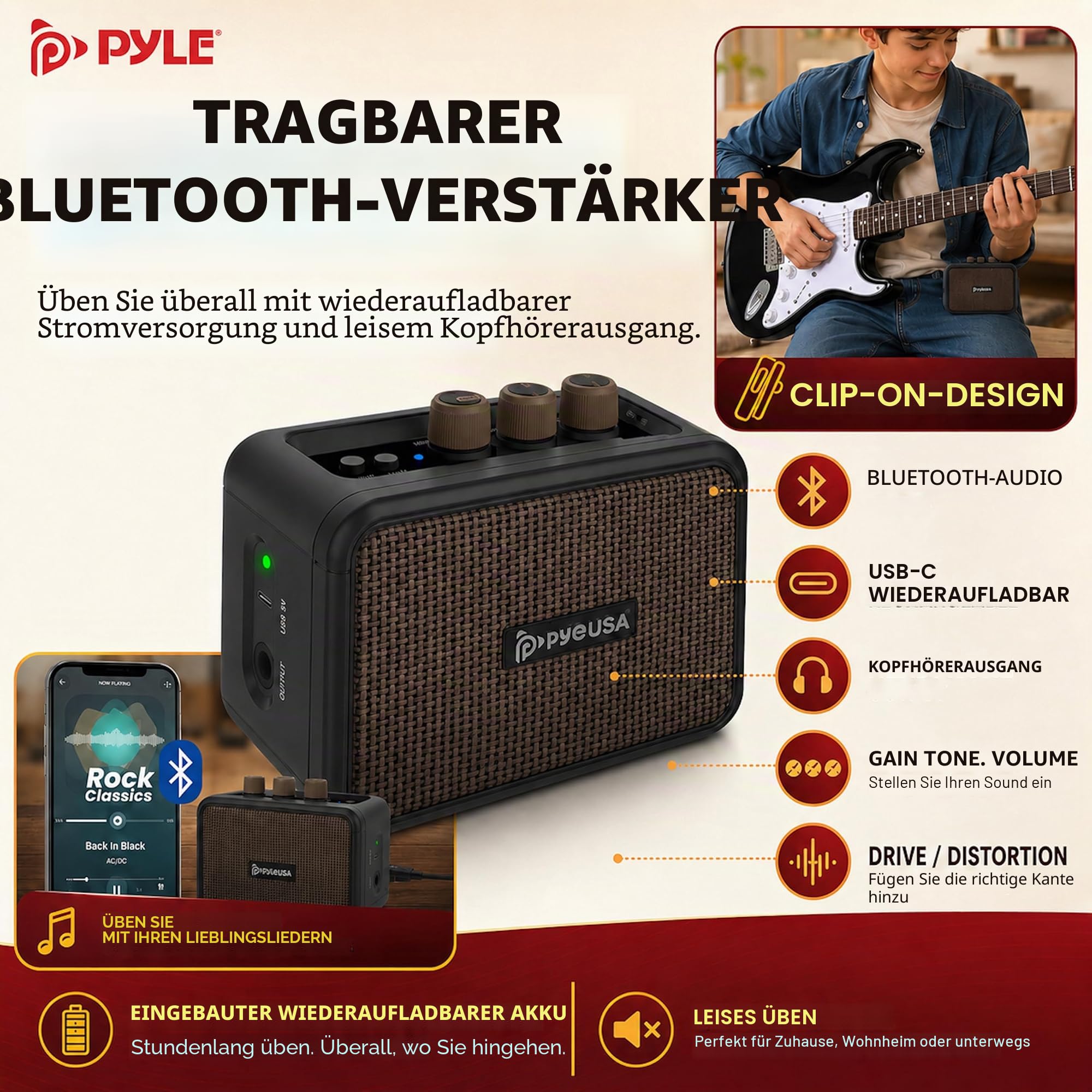 Pyle E-Gitarre Set Anfänger, ST-Gitarrenset mit 5W Verstärker, Gigbag, Gurt und Plektren, 22 Bünde, Schwarz