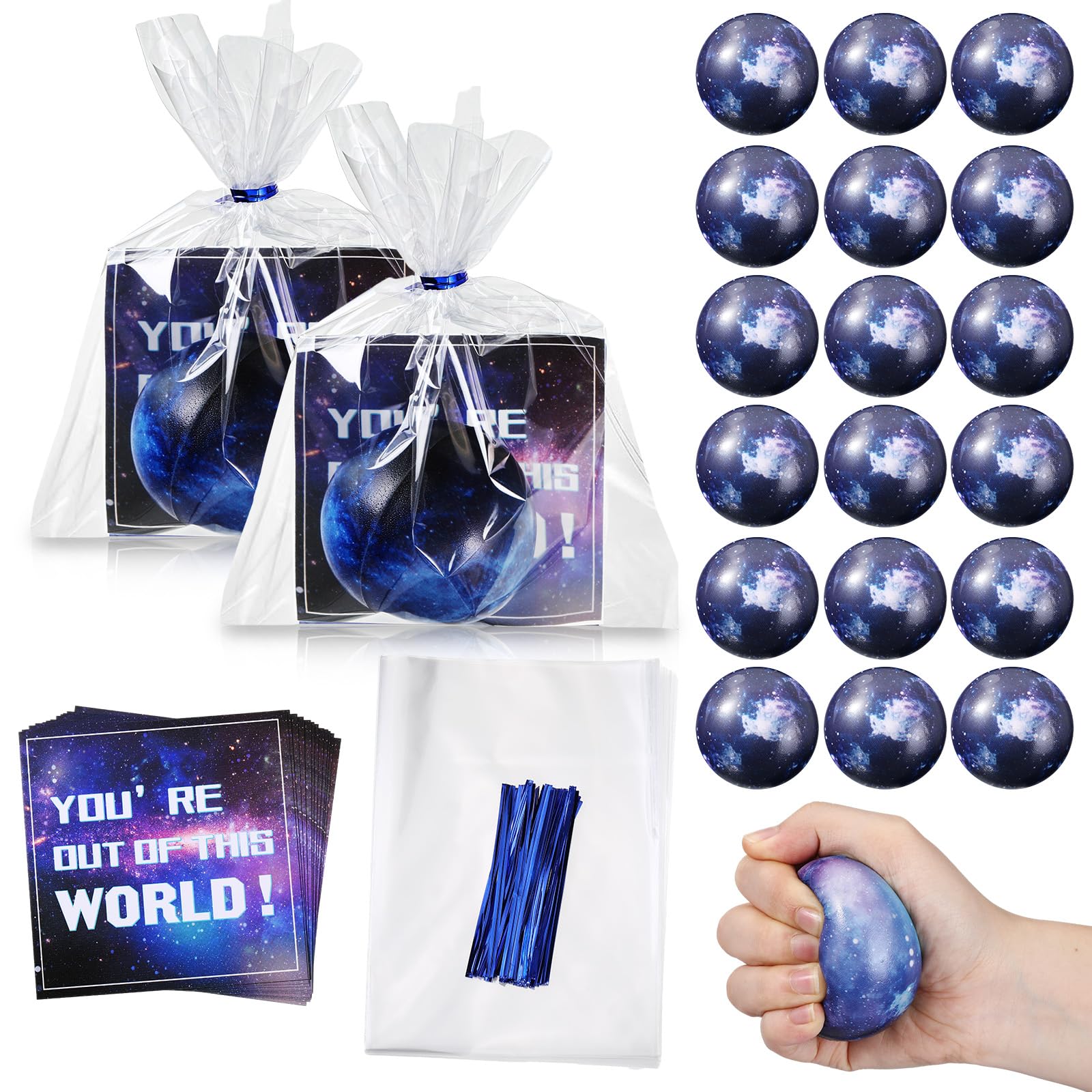 12 Sets Galaxy Stress Balls for Adults Boys Girls 2.5'' Squeeze Anxiety Fidget Sensory Balls Outer Space Theme Foam Stress Balls with Cards and Bags for Birthday Astronaut Party Class Reward