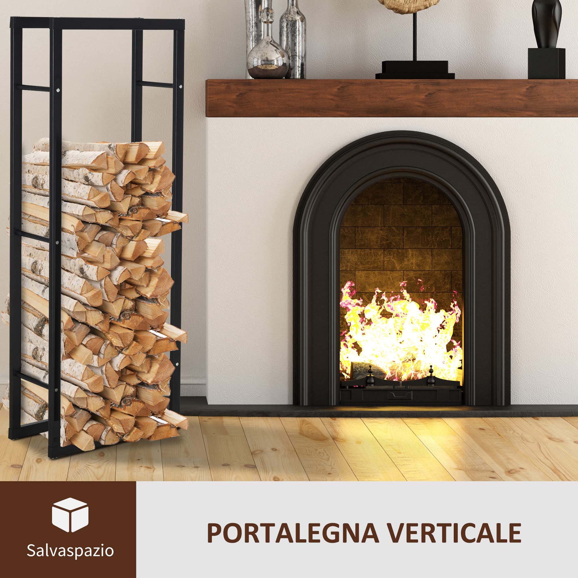 HOMCOM Porta Legna da Interno Verticale con Portata 100 kg max, Legnaia da Esterno e Interno in Metallo, 60x25x150 cm, Nero