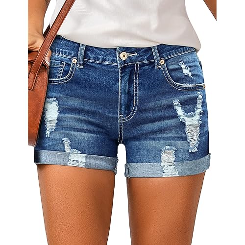 LookbookStore Women's High Waisted Rolled Hem Distressed Jeans Ripped Denim Shorts