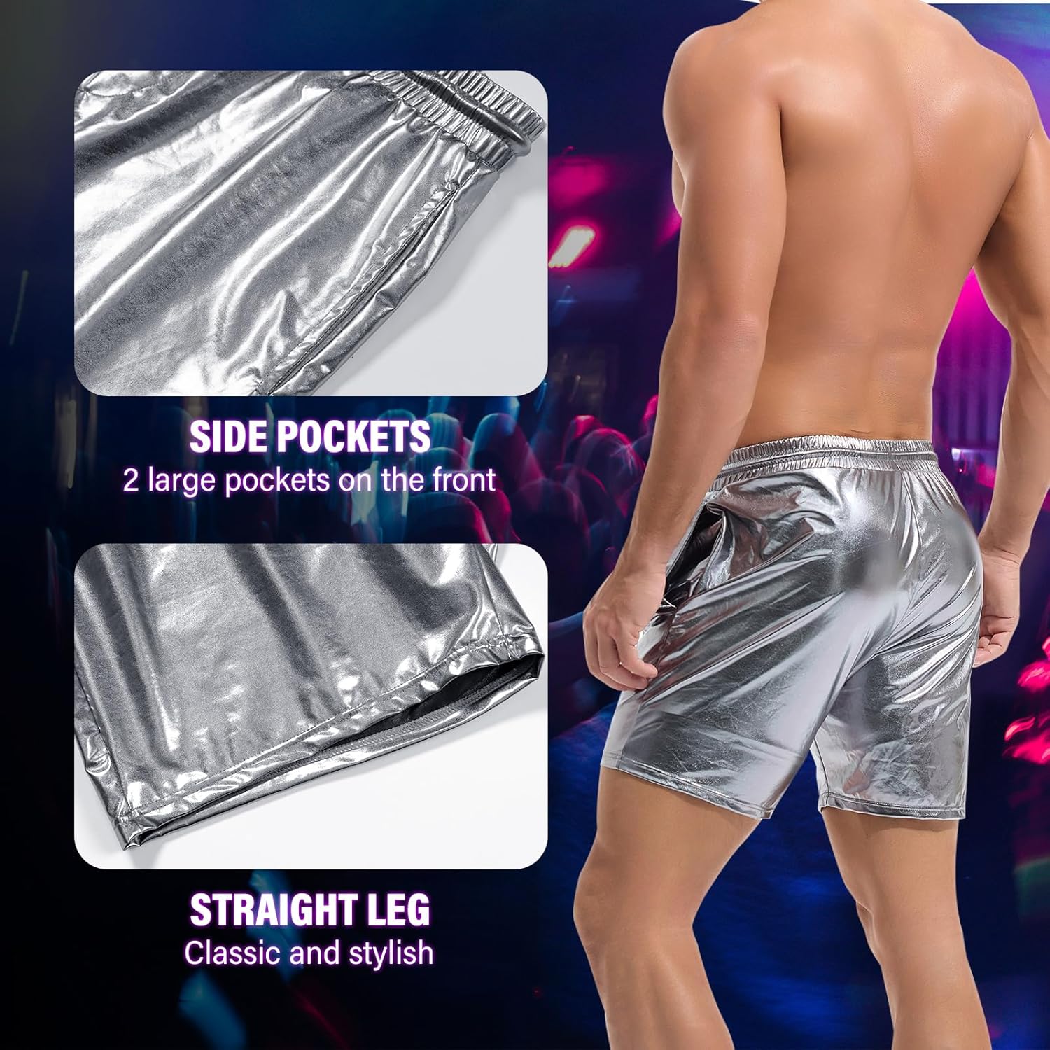 AMY COULEE Mens Metallic Shorts 5" Shiny Holographic Disco Shorts Outfit Sparkly Rave Hot Drawstring Shorts - Image 4
