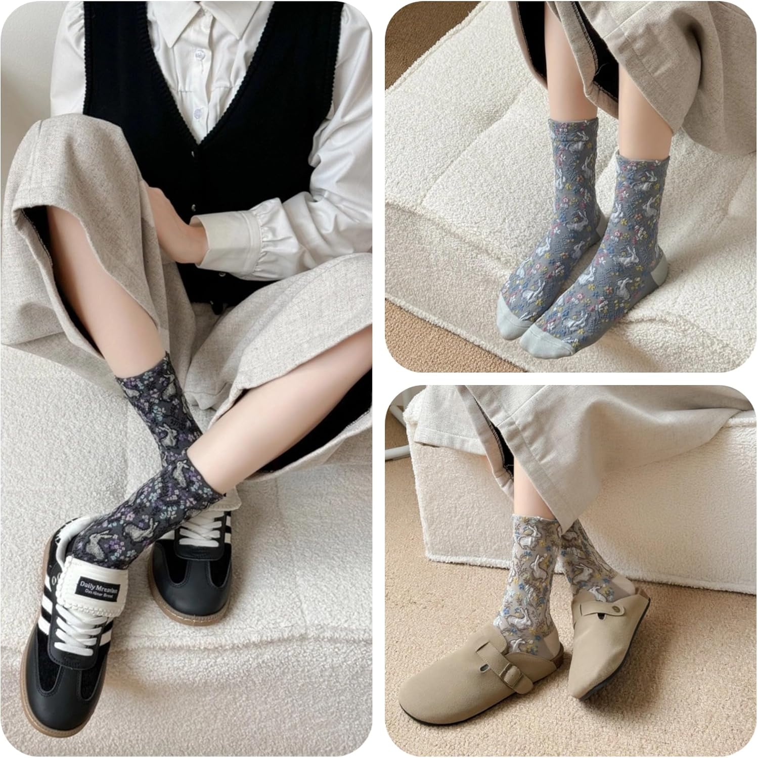 Vintage Embroidered Crew Socks for Women with Cute Flowers, Combed Cotton Crew Socks for Spring and Fall - Image 6