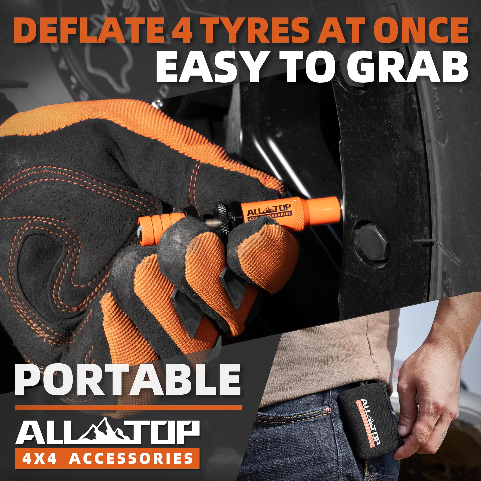 ALL-TOP Kit valvola di sgonfiaggio pneumatici automatica regolabile (10 – 30 psi), 4 pezzi, strumento avvitabile per pneumatici, con 4 tappi per valvole di riserva, per fuoristrada 4x4 (2a generazione
