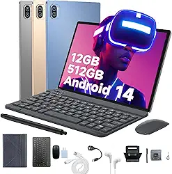 3 em 1 Tablet, com Capa/Teclado/Mouse, 10.1 Polegada, 1920×1200 Tela, 1920x1200 Tela Processador Octa-Core, 12GB RAM+512GB ROM, Câmera de 16MP + 32MP, Android 14, 8000mAh, Versão WiFi (Azul)
