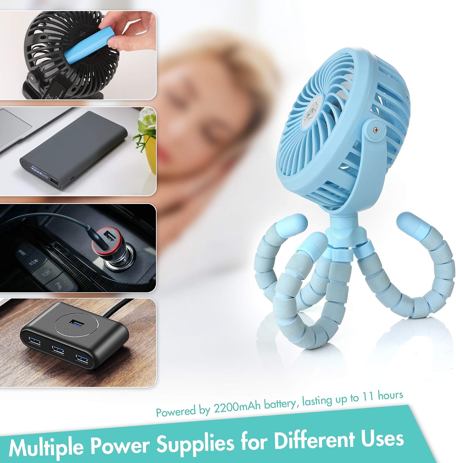 Stroller Fan, 2600mAh Battery Powered Personal Desk Air Circulator Fan with Flexible Tripod, Ultra Quiet 4 Speed 360° Rotatable USB Fan for Stroller Office Camping Hurricane Outage, Blue