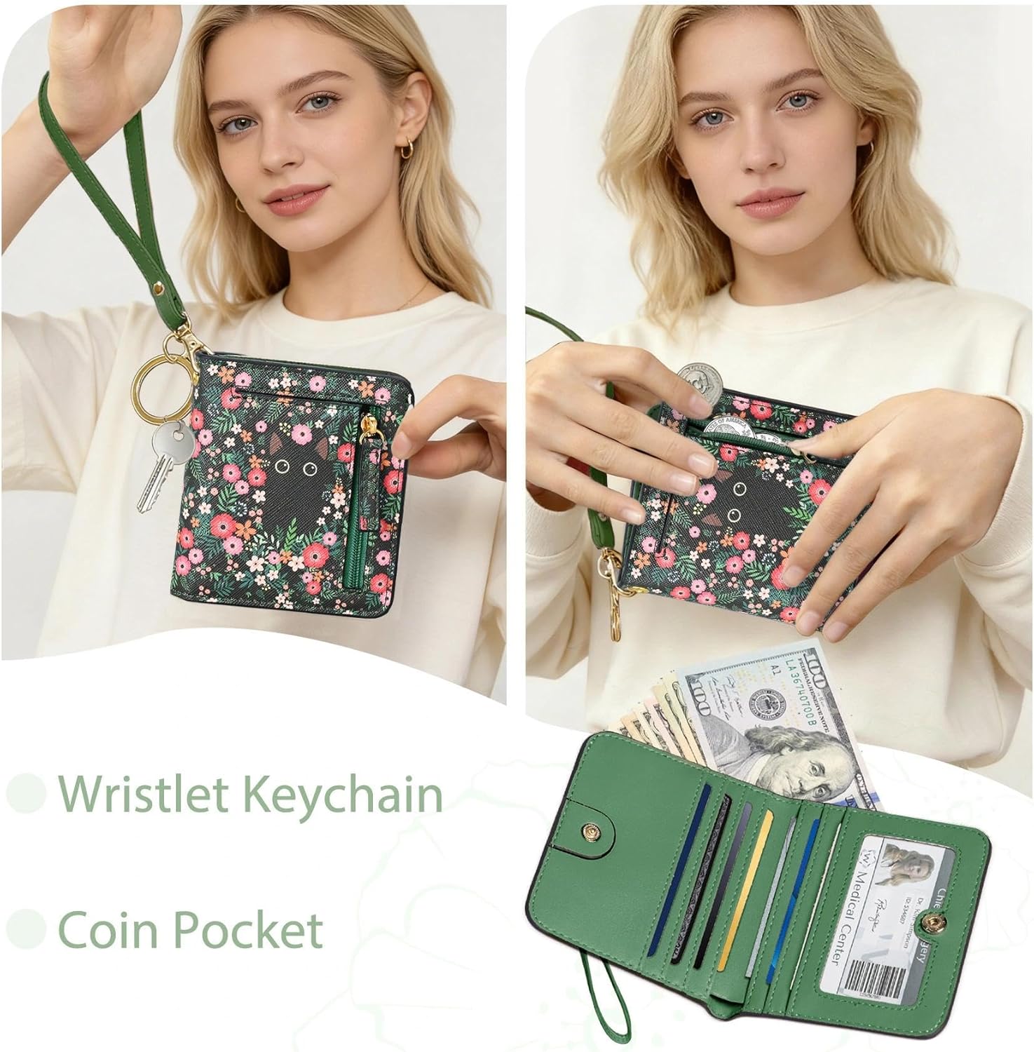 COSHAYSOO Cute Black Cat Floral RFID Slim Wallet for Women Teen Girls with Wristlet Keychain, Personalized Green Small Bifold Wallets Woman Easter Basket Stuffers Birthday Gifts for College Teenager thumbnail