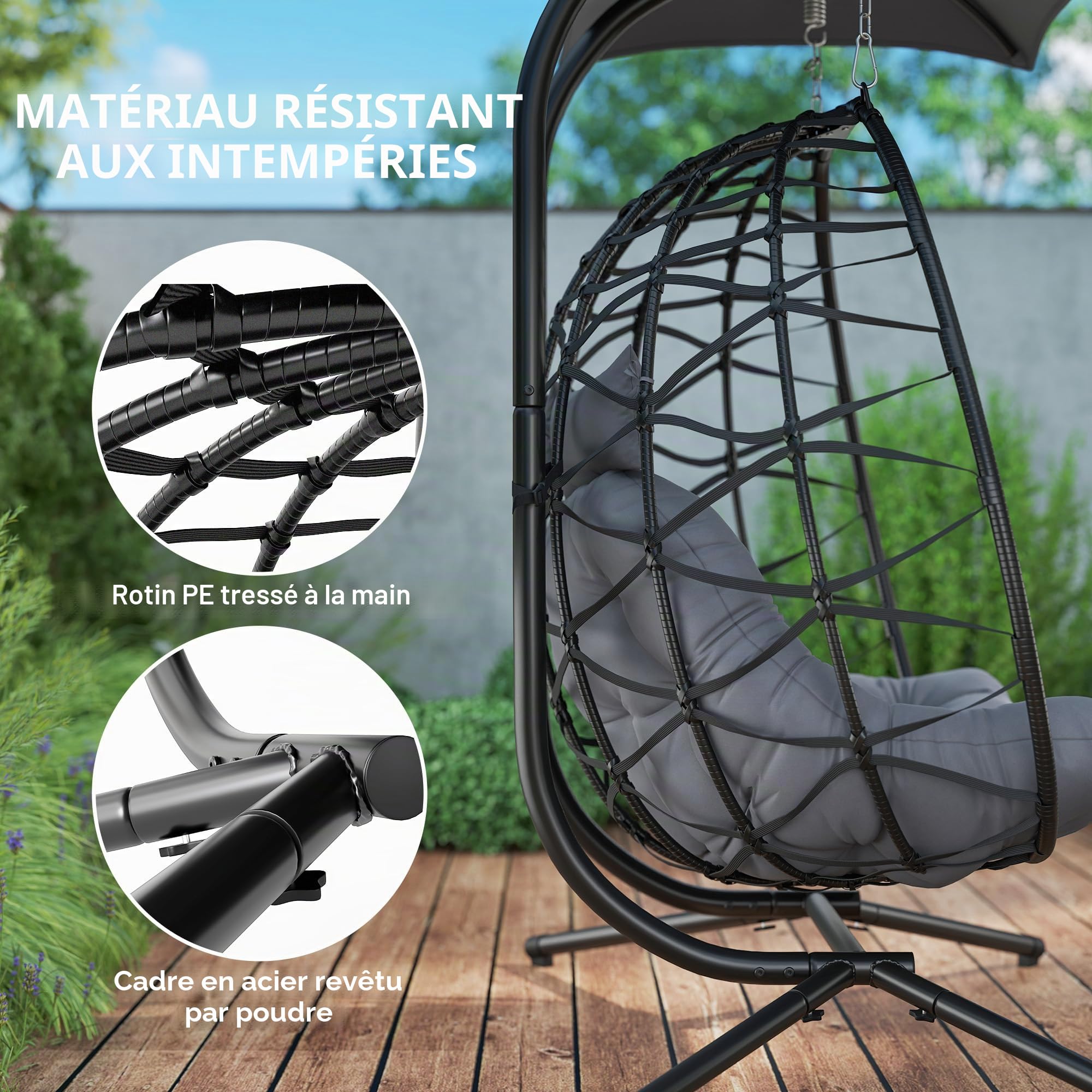 Outsunny Chaise Œuf Suspendue Double Baldaquin,Coussins,Appuie-tête,Noir