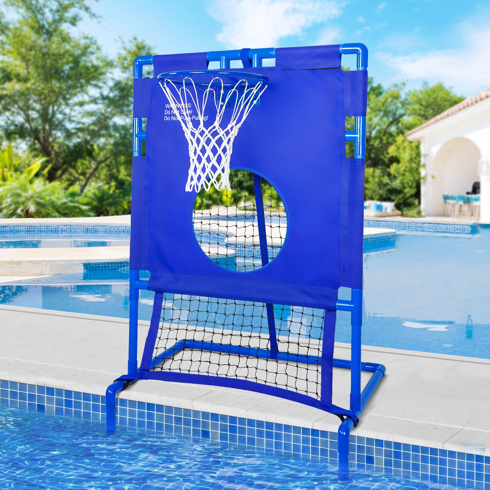 Pool Basketballkorb & Fußball Zielnetz 2 in 1 Set, für verschiedene lustige Spiele, 6 Bälle enthalten, beruhigen Sie Ihre Sommerparty