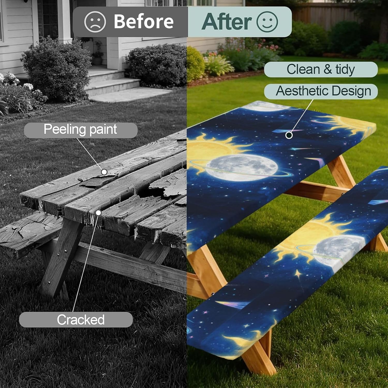 Moon Sun Picnic Table Cover With Bench Covers And Bag, Windproof Waterproof Rectangle Tablecloth With Elastic Edges Fitted Camping Table Covers Portable Camping Accessories For Picnic Party Travel image 2