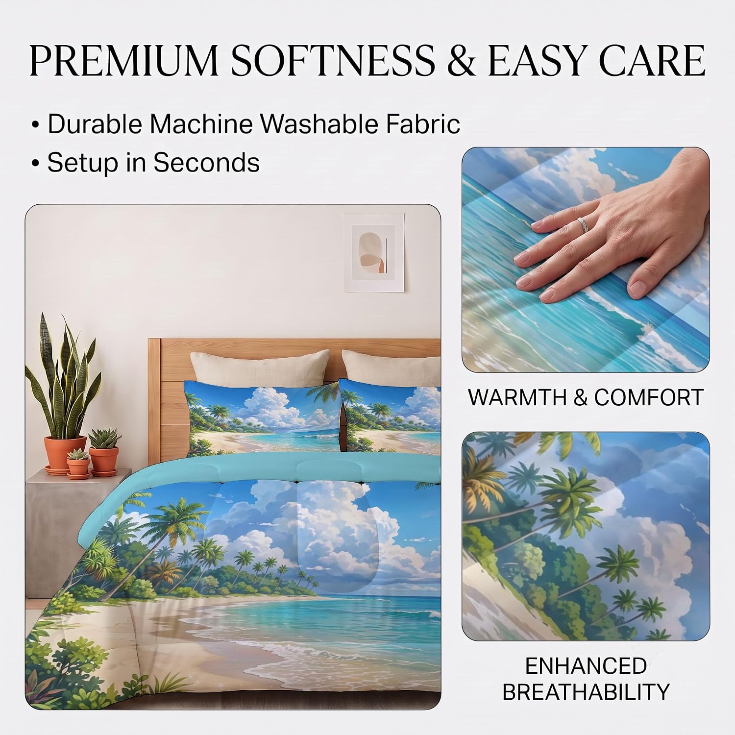 Tranquil Seaside Comforter Set King Size, Beach Coconut Trees Waves Bedding Set for Girls Boys, Light Blue Quilt Bed 104"X90" Bedding Comforter Sets with 2 Pillowcase Room Decor