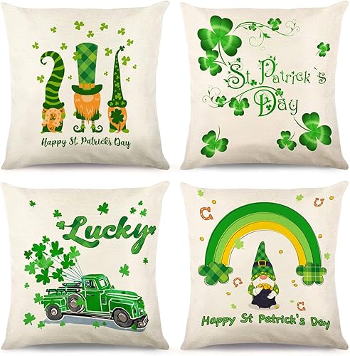 Belperan Juego de 4 fundas de almohada decorativas para el día de San Patricio de 18 x 18 pulgadas fundas de almohada de trébol de la suerte verdes