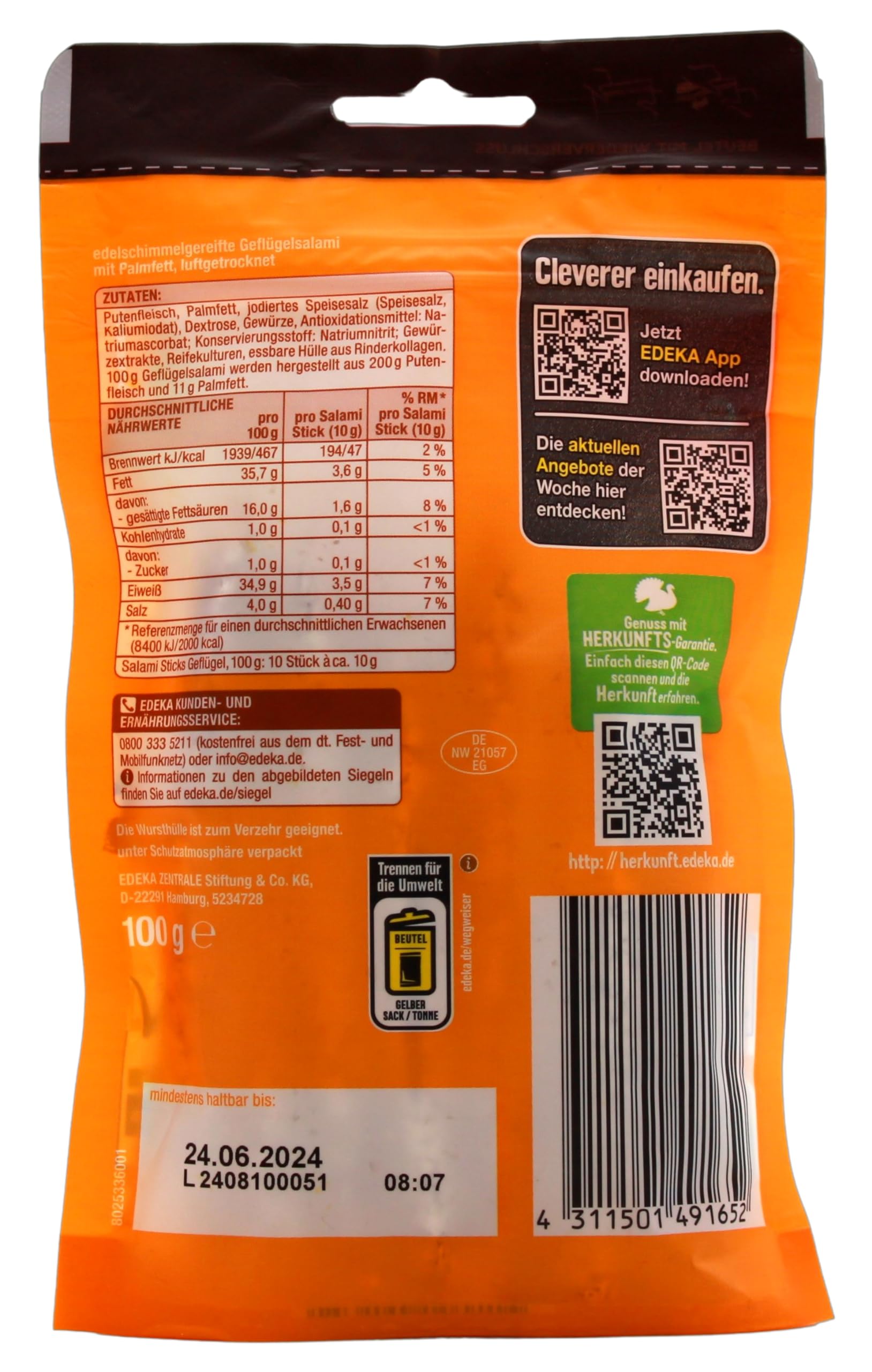 EDEKA Gut & Günstig Salami Sticks Geflügel, 8er Pack (8 x 100g)