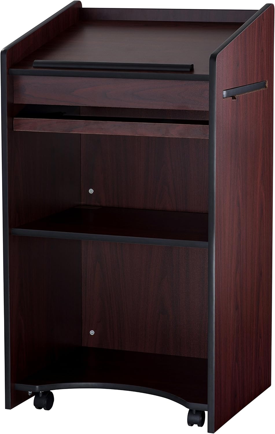 Mahogany Mobile Lectern with Shelves and Casters