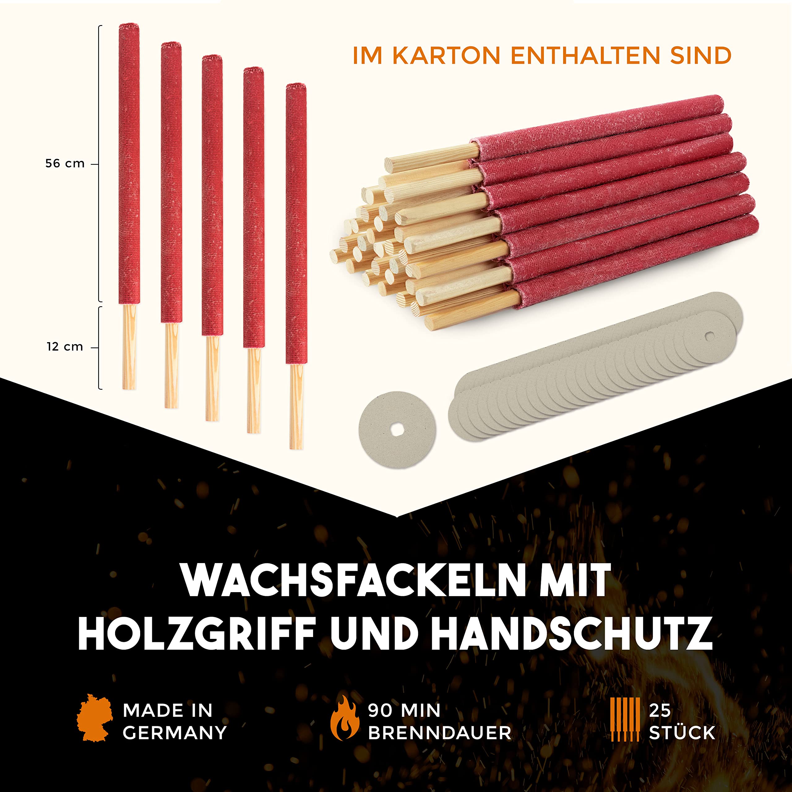 Bolson Wachsfackeln 90 Min (25 Stk.) Gartenfackel aus Wachs mit Handschutz & Griff für Kinder & Erwachsene - in Deutschland hergestellte Fackel für Draußen - ideal f. Fackelwanderung, Garten, Outdoor
