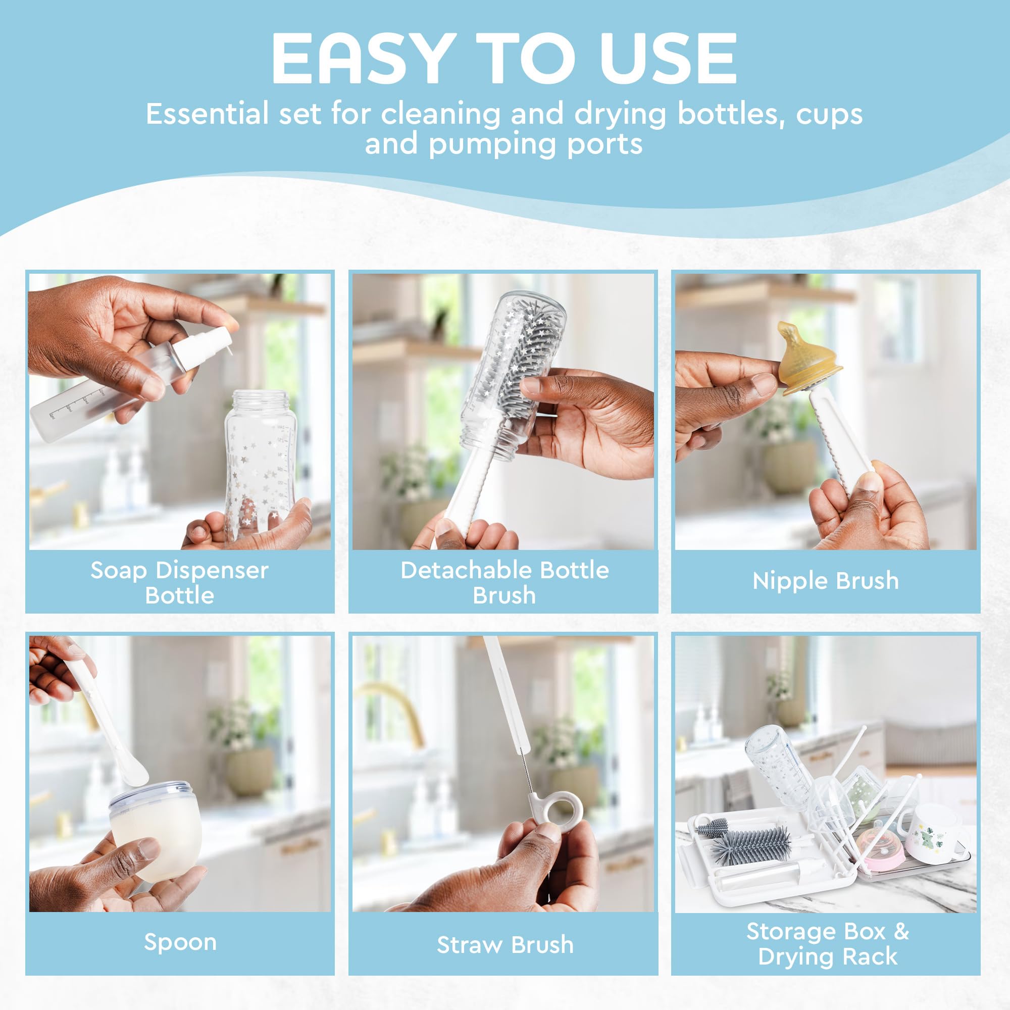 BAZELINE CREATIONS 7-in-1 Baby Bottle Cleaning Kit: Bottle Brush, Teat Brush, Straw Brush, Soap Dispenser, Spoon - Image 4