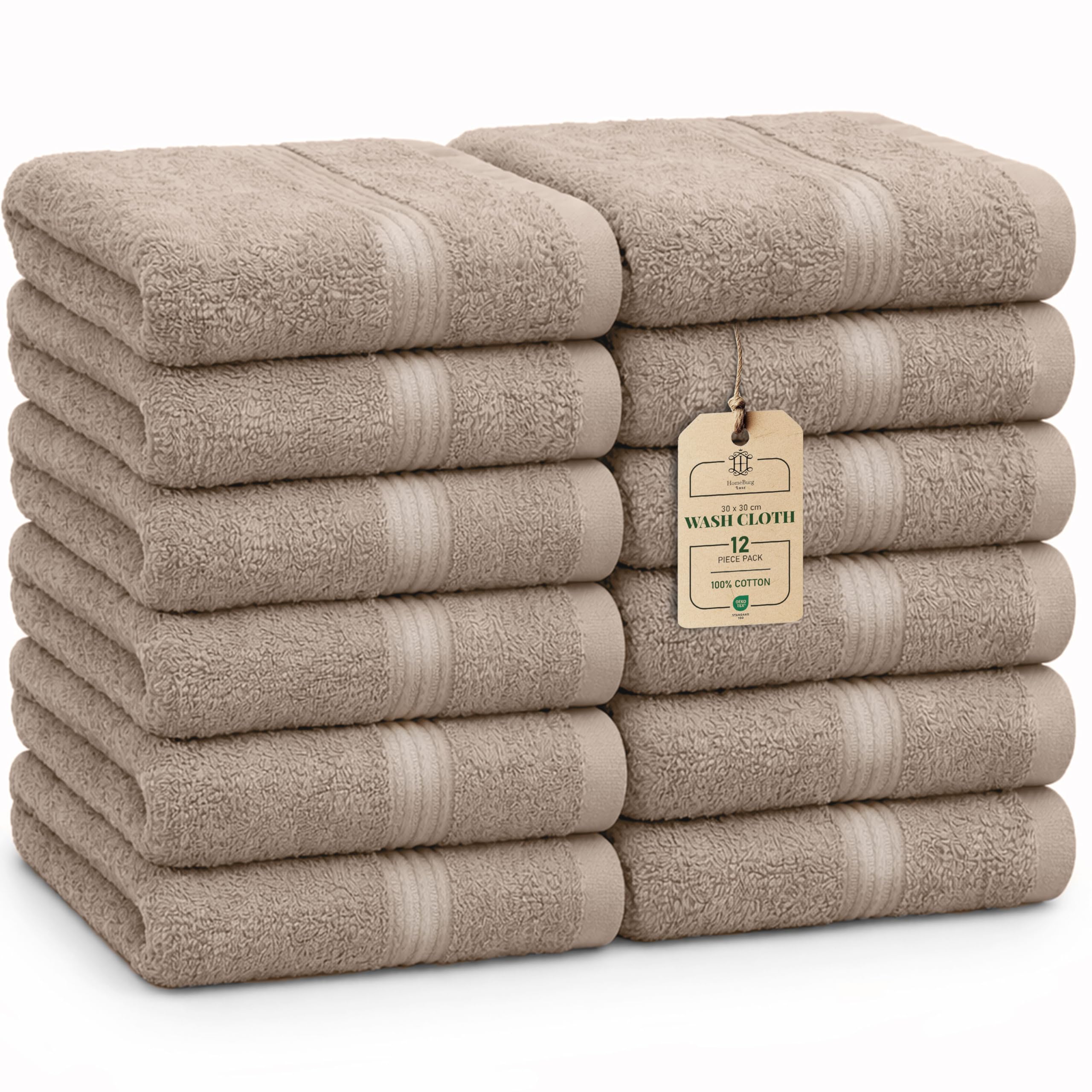 HomeBurg Luxe 12-Piece Washcloth Set, 100% Cotton, Soft & Absorbent, Easy Care, Premium Towels for Face & Daily Use
