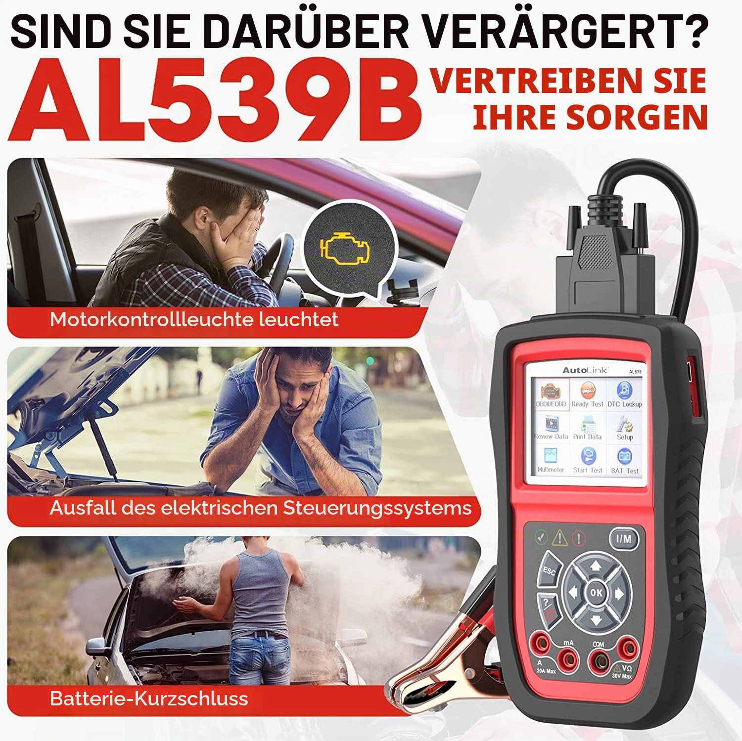 Autel Diagnosewerkzeuge Diagnosegerät OBDII Fehlercode Scanner, Auto Code Leser, Fahrzeug Code Reader Druck durch PC, unterstüzt Batterie-Tester, AL539B