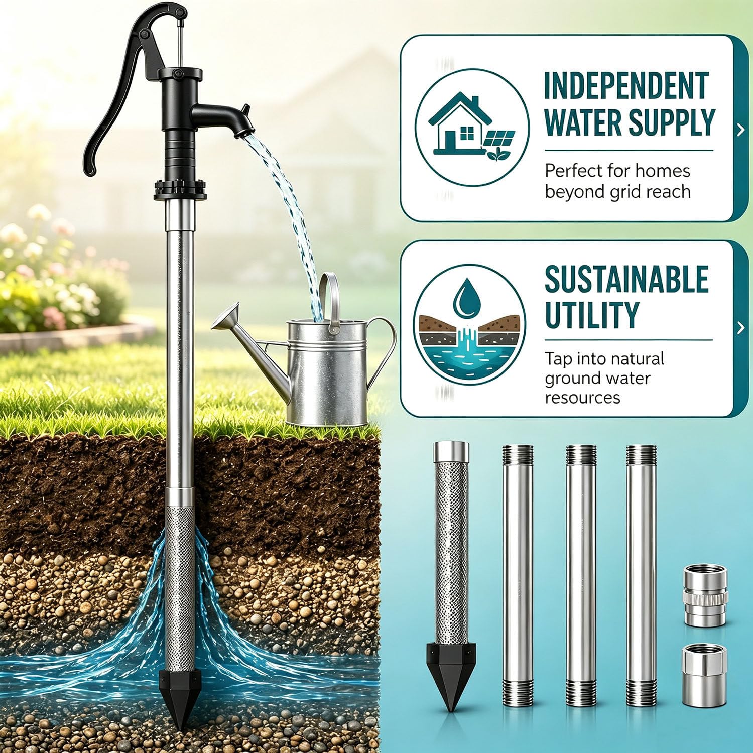Zestaw do wiercenia studni, iglica 1-1/4" x 36" + 5 szt. rur do studni z igłą 39" | Zestaw do wiercenia studni z igłą piaskową, zestaw do płytkiego wiercenia studni w piasku i miękkim gruncie